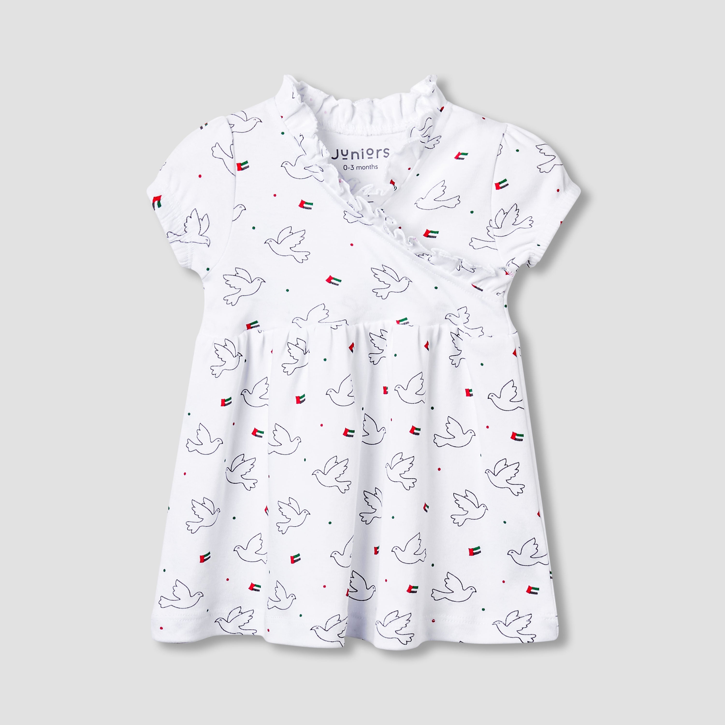 Juniors V-neck Short Sleeves Knee Length Dress with UAE National Day Print - White / 12-18 mths