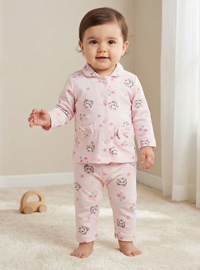 Disney Cotton Collared Neck Long Sleeve Pyjama Set with Marie Print-baby-girls-clothing-nightwear-pyjamasets-image-1