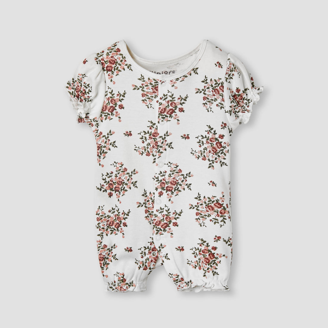 Juniors Floral Print Romper with Puff Sleeves - White / 12-18 mths