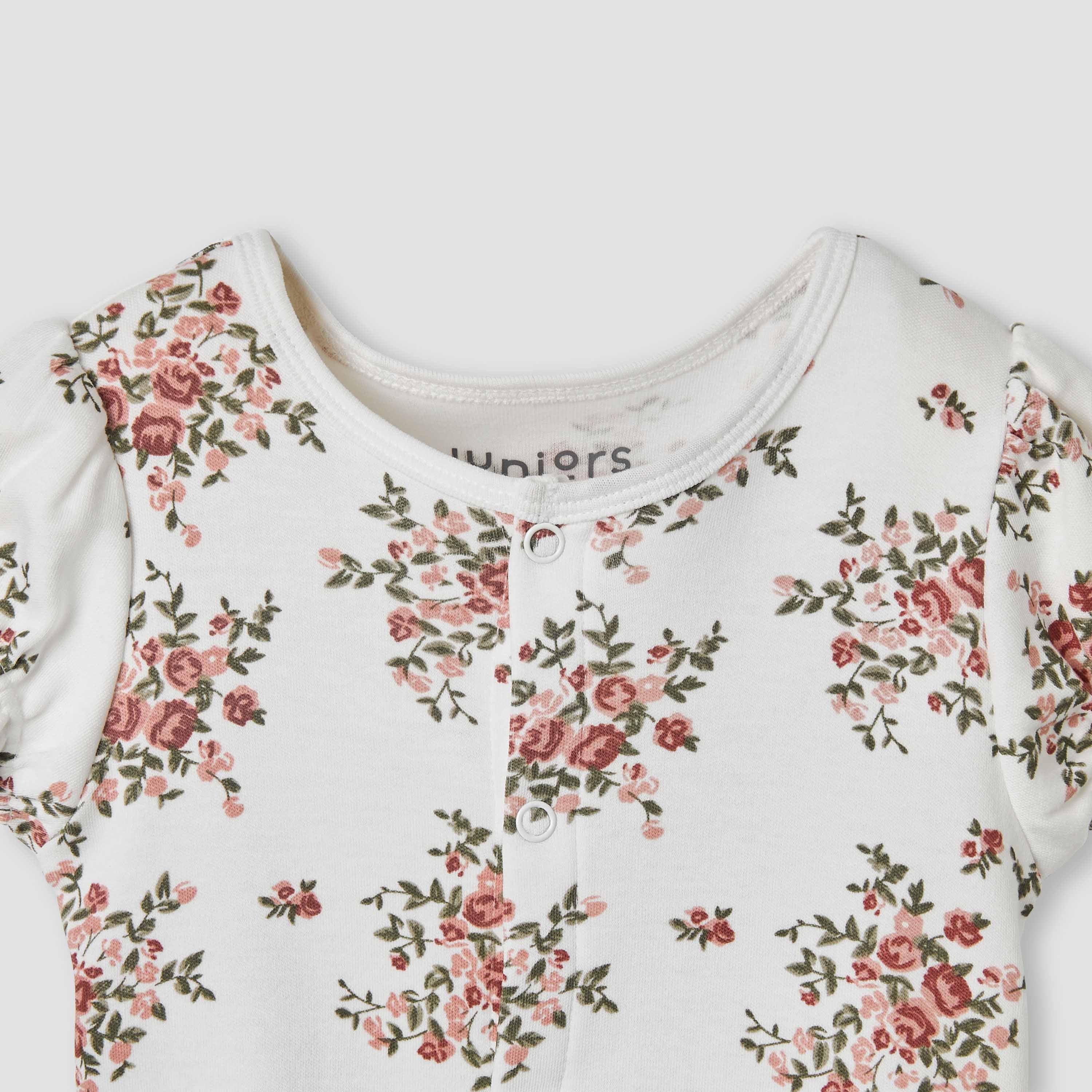 Juniors Floral Print Romper with Puff Sleeves