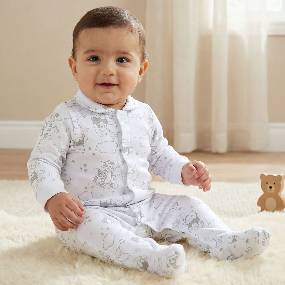 Disney Cotton Collared Long Sleeves Sleepsuit with Winnie the Pooh Print - Grey / 9-12 mths