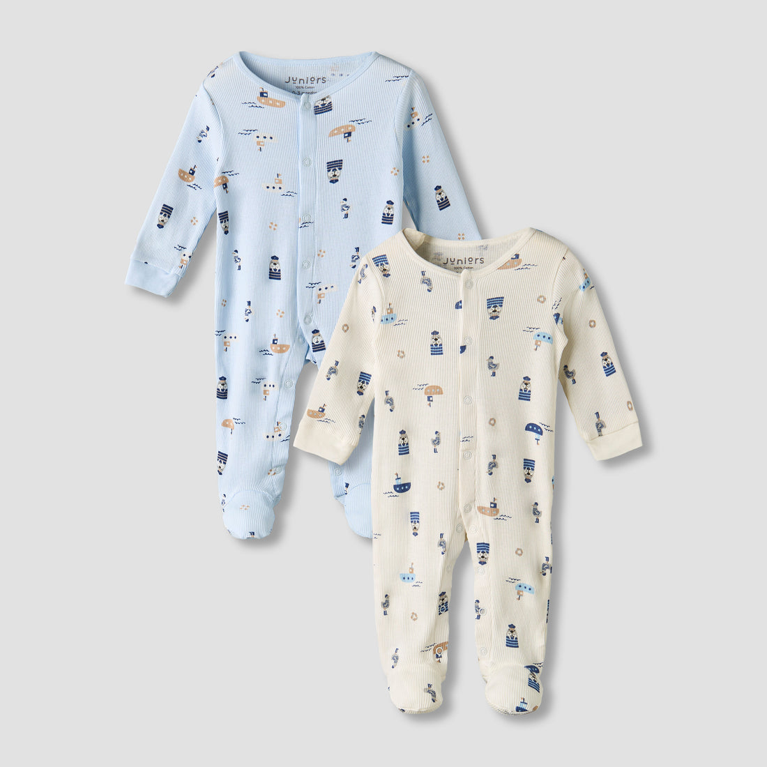 Pack of 2 Juniors Round Neck Long Sleeves Sleepsuit with Nautical Print - Multicolour / 9-12 mths