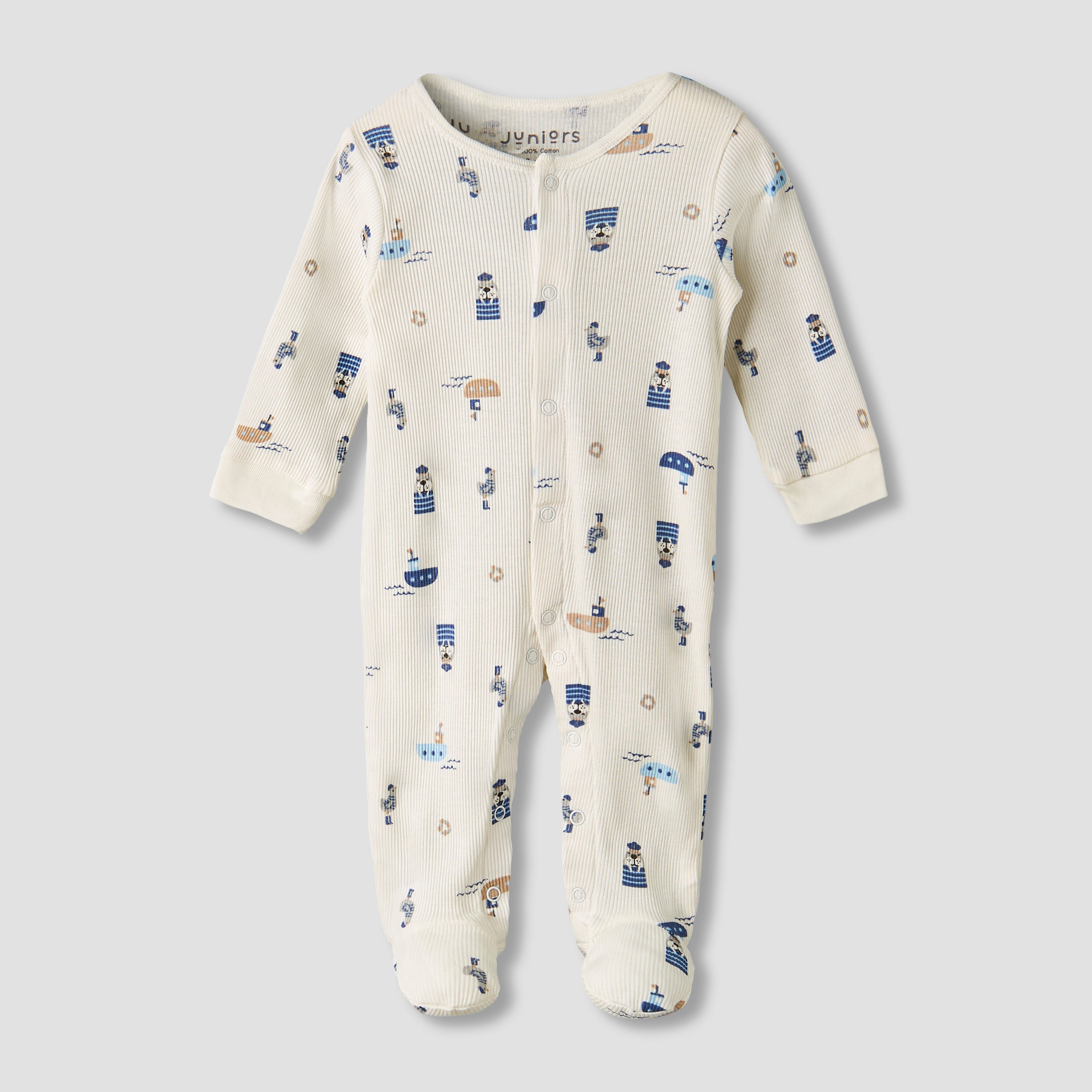 Pack of 2 Juniors Round Neck Long Sleeves Sleepsuit with Nautical Print