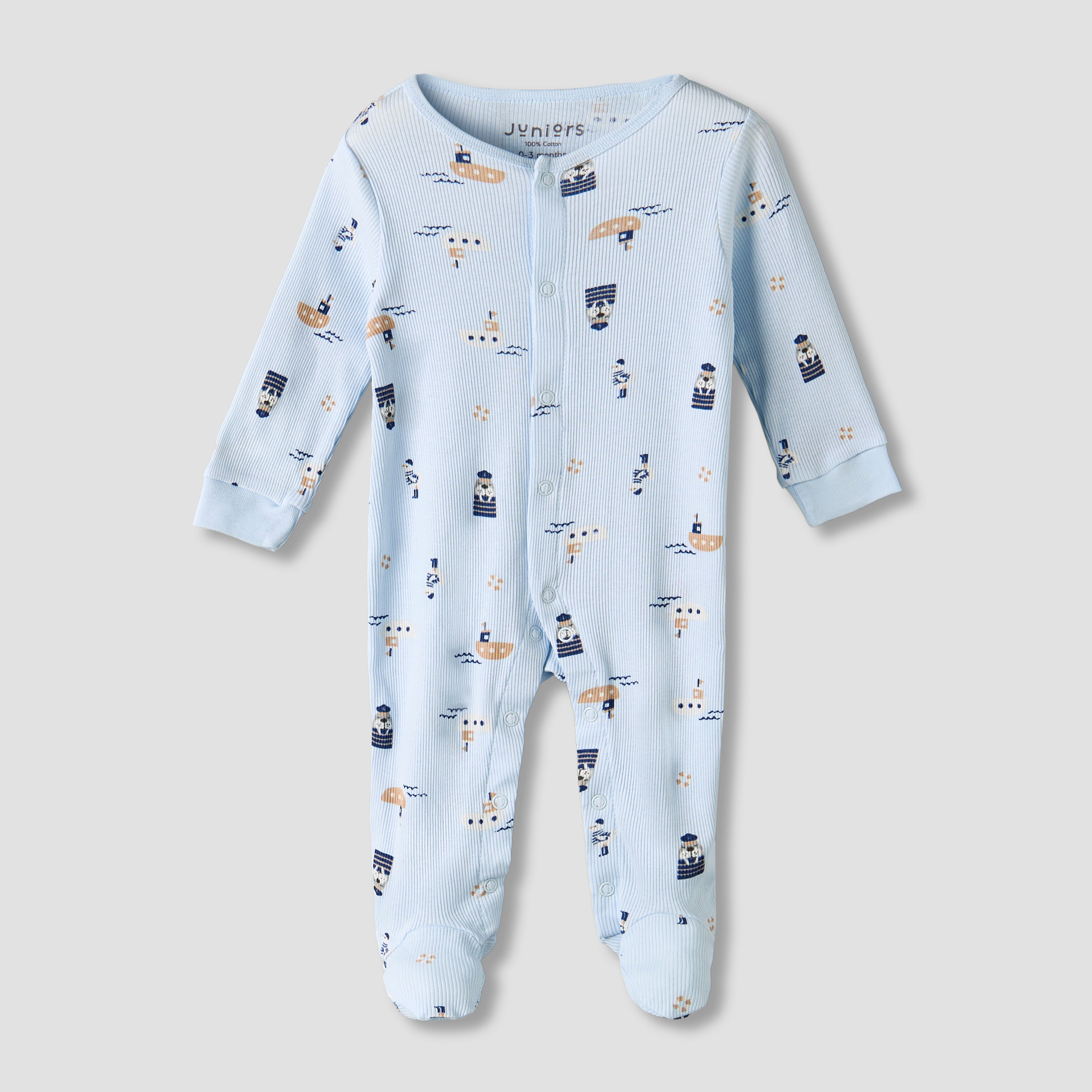 Pack of 2 Juniors Round Neck Long Sleeves Sleepsuit with Nautical Print