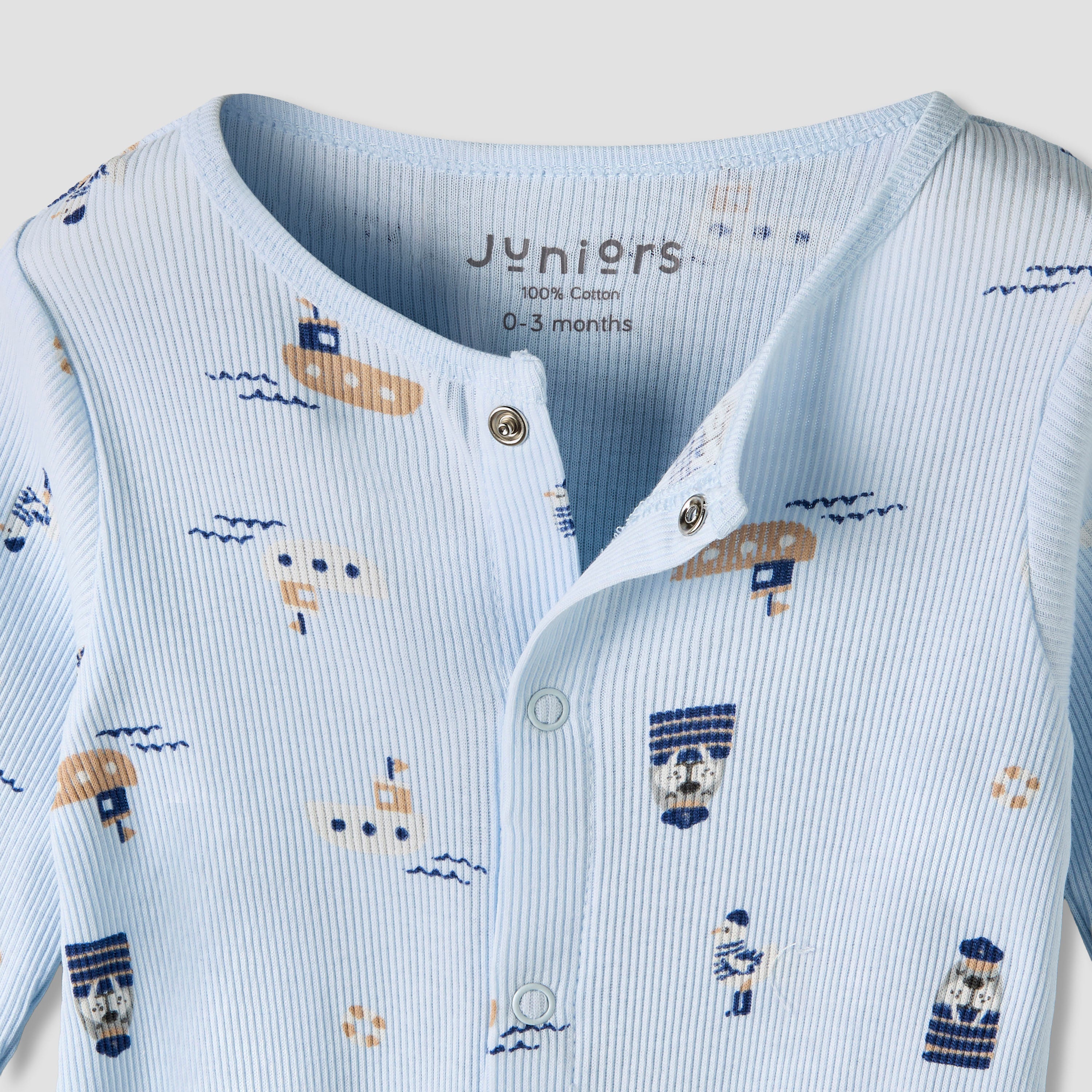 Pack of 2 Juniors Round Neck Long Sleeves Sleepsuit with Nautical Print