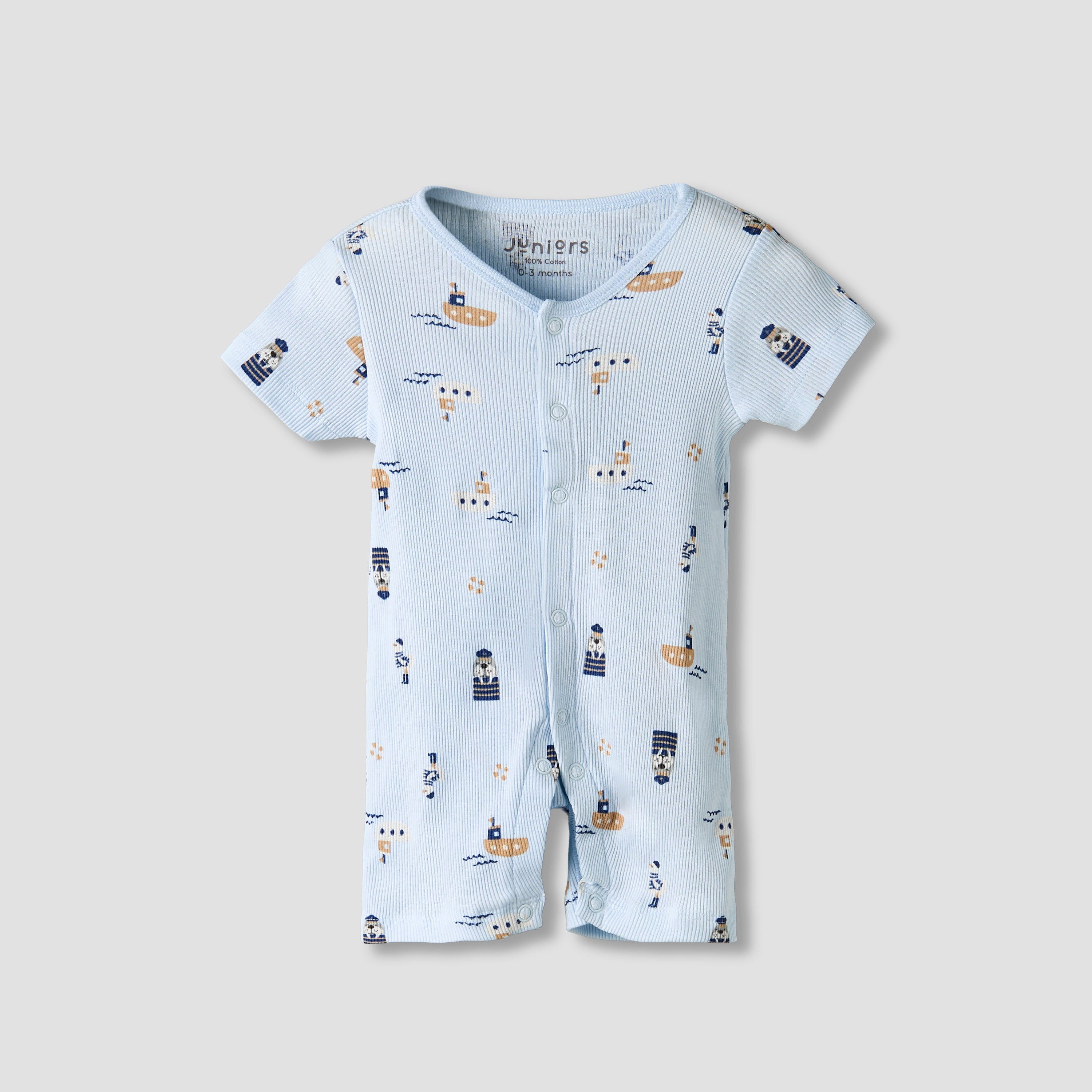Set of 2 Juniors Cotton Round Neck Sleepsuit and Romper with Nautical Print