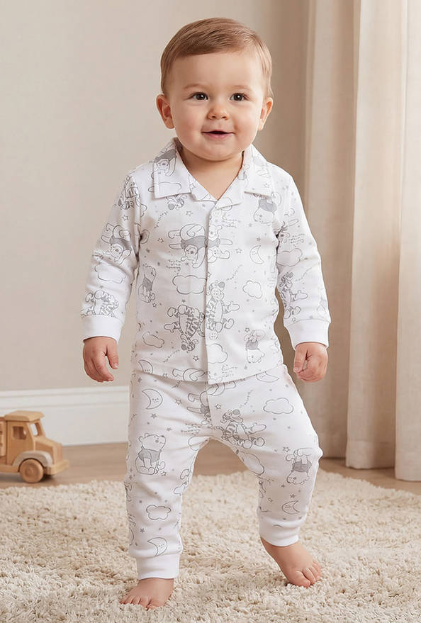 Disney Cotton Collared Neck Long Sleeve Pyjama Set with Winnie The Pooh Print