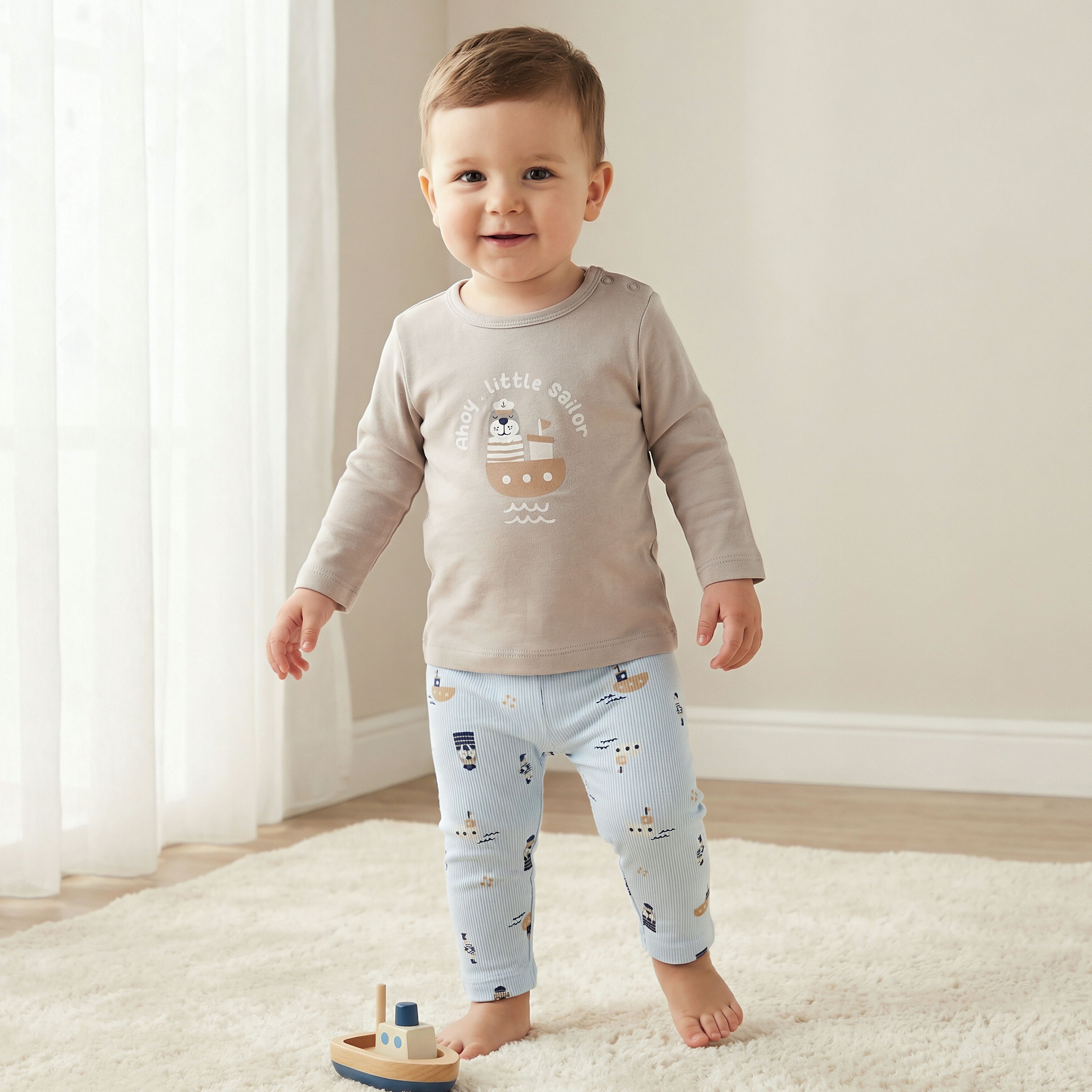 Pack of 2 Juniors Cotton Round Neck Long Sleeves Pyjama Set with Nautical Print