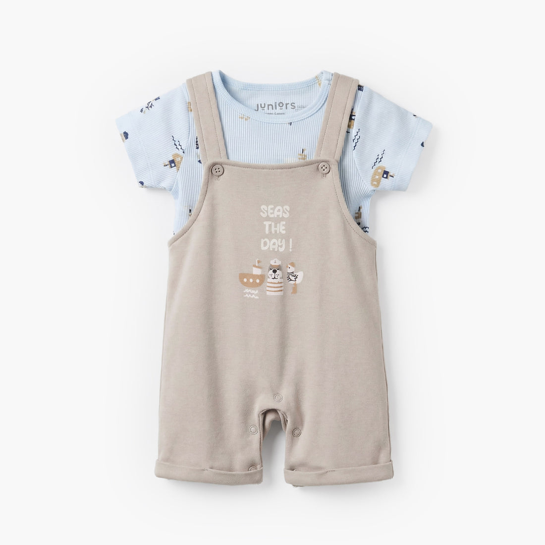 Juniors Round Neck Short Sleeves T-shirt and Dungaree Set with Nautical Print