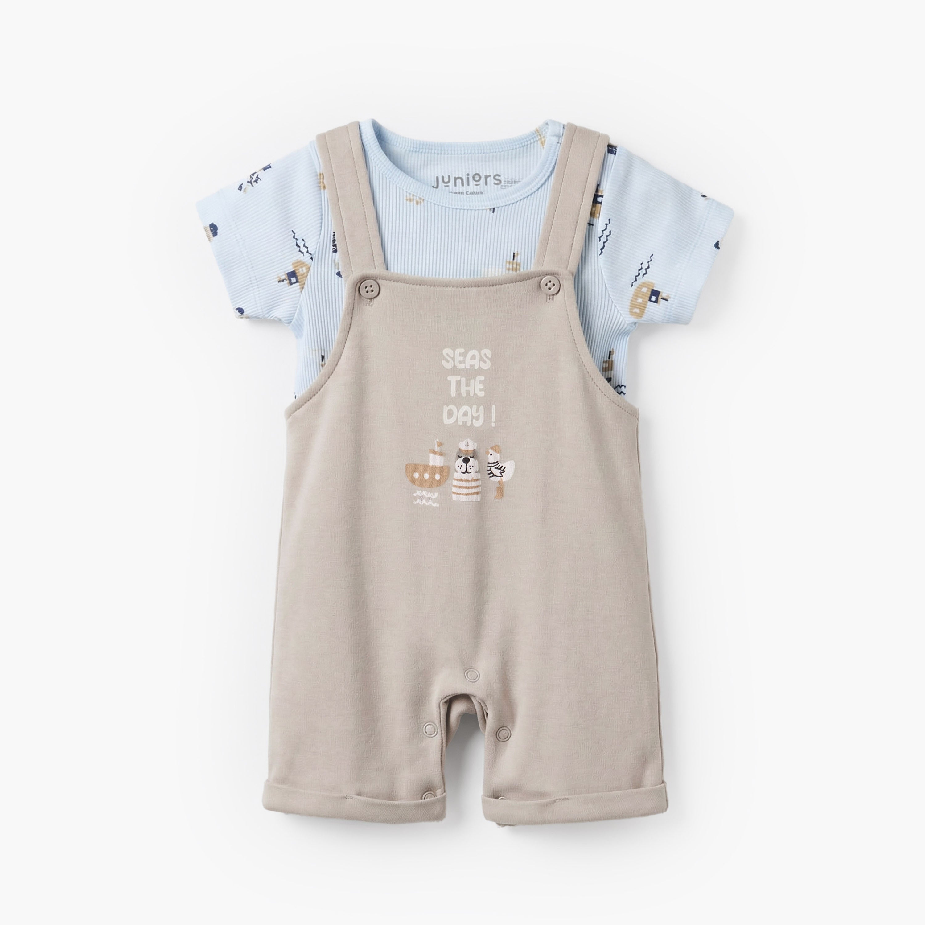 Juniors Round Neck Short Sleeves T-shirt and Dungaree Set with Nautical Print