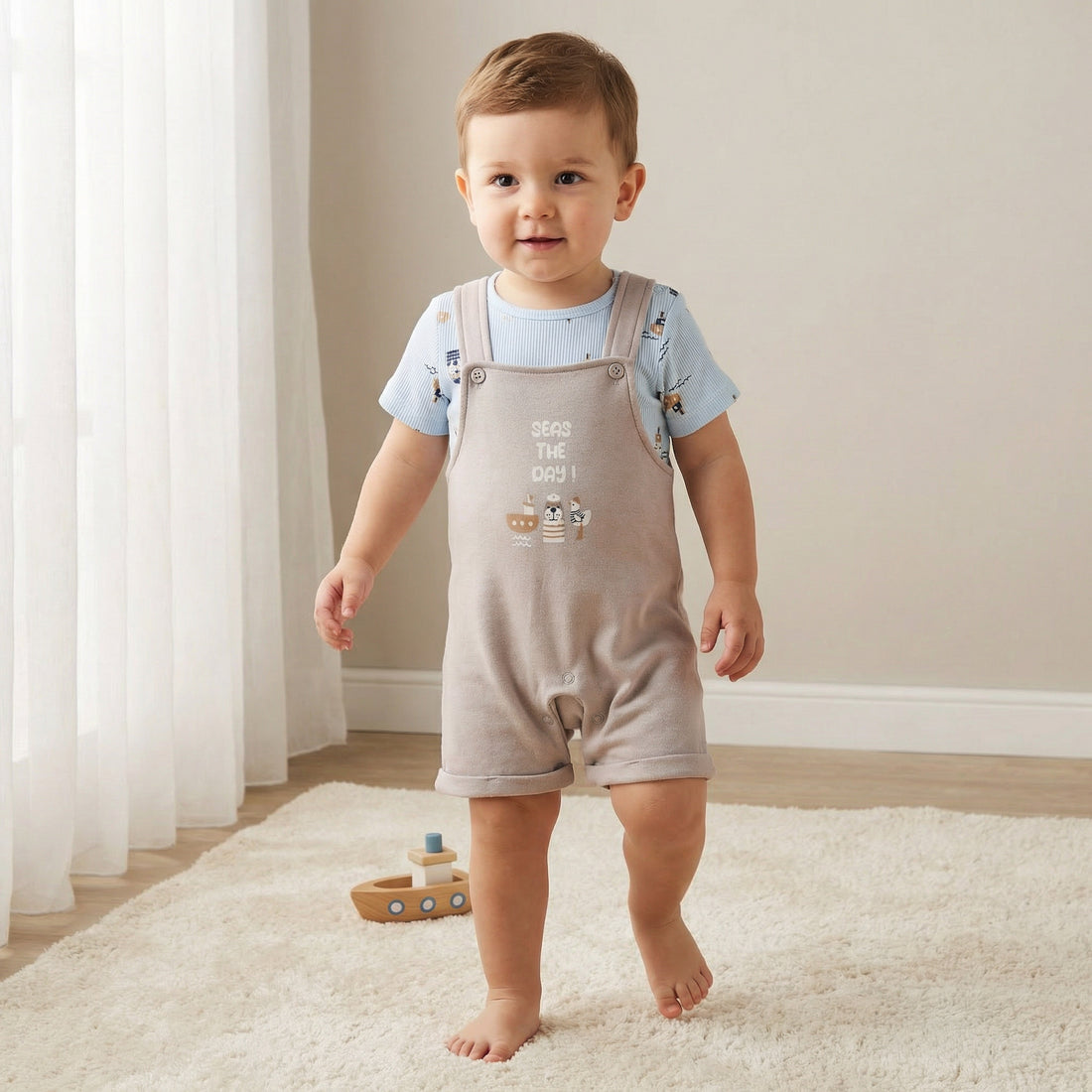 Juniors Round Neck Short Sleeves T-shirt and Dungaree Set with Nautical Print - Multicolour / 12-18 mths