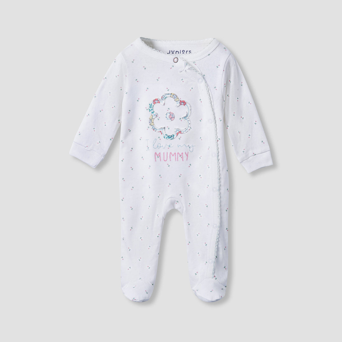 Juniors Floral Print Sleepsuit with Long Sleeves and Button Closure - White / 9-12 mths