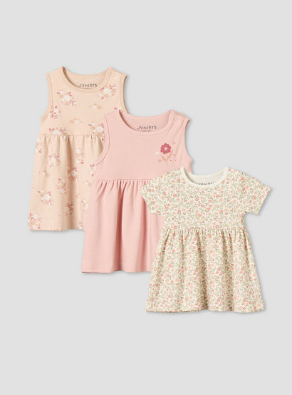Pack of 3 Juniors Round Neck Knee Length A-line Dress with Floral Print-baby-girls-clothing-dressesandjumpsuits-image-1