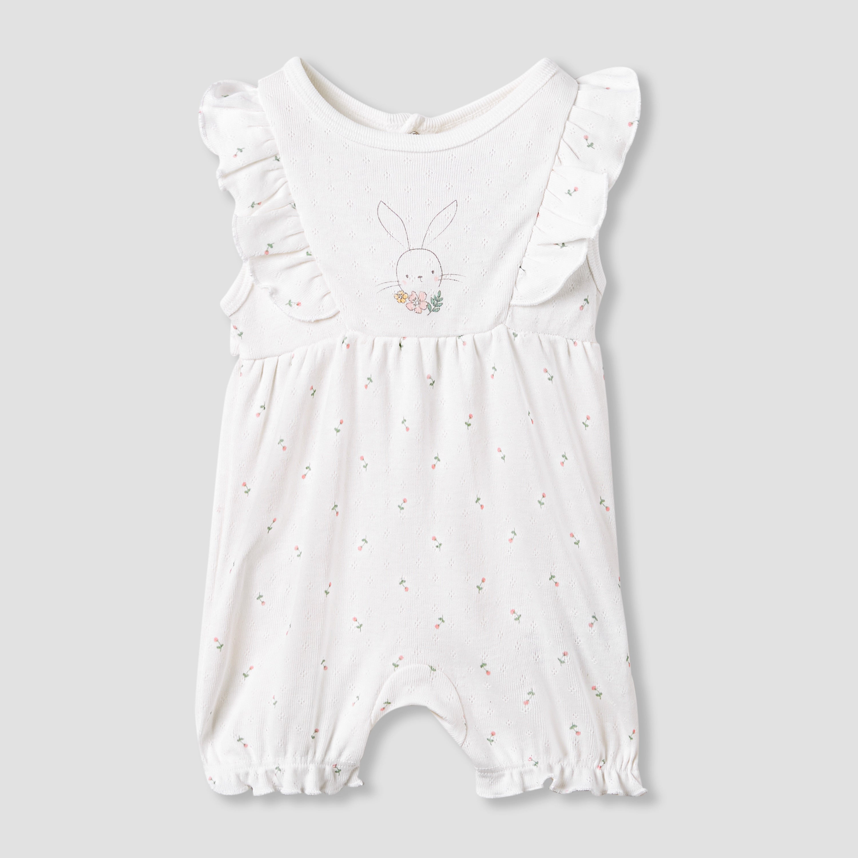Juniors Printed Sleeveless Romper with Ruffle Accent - White / 12-18 mths