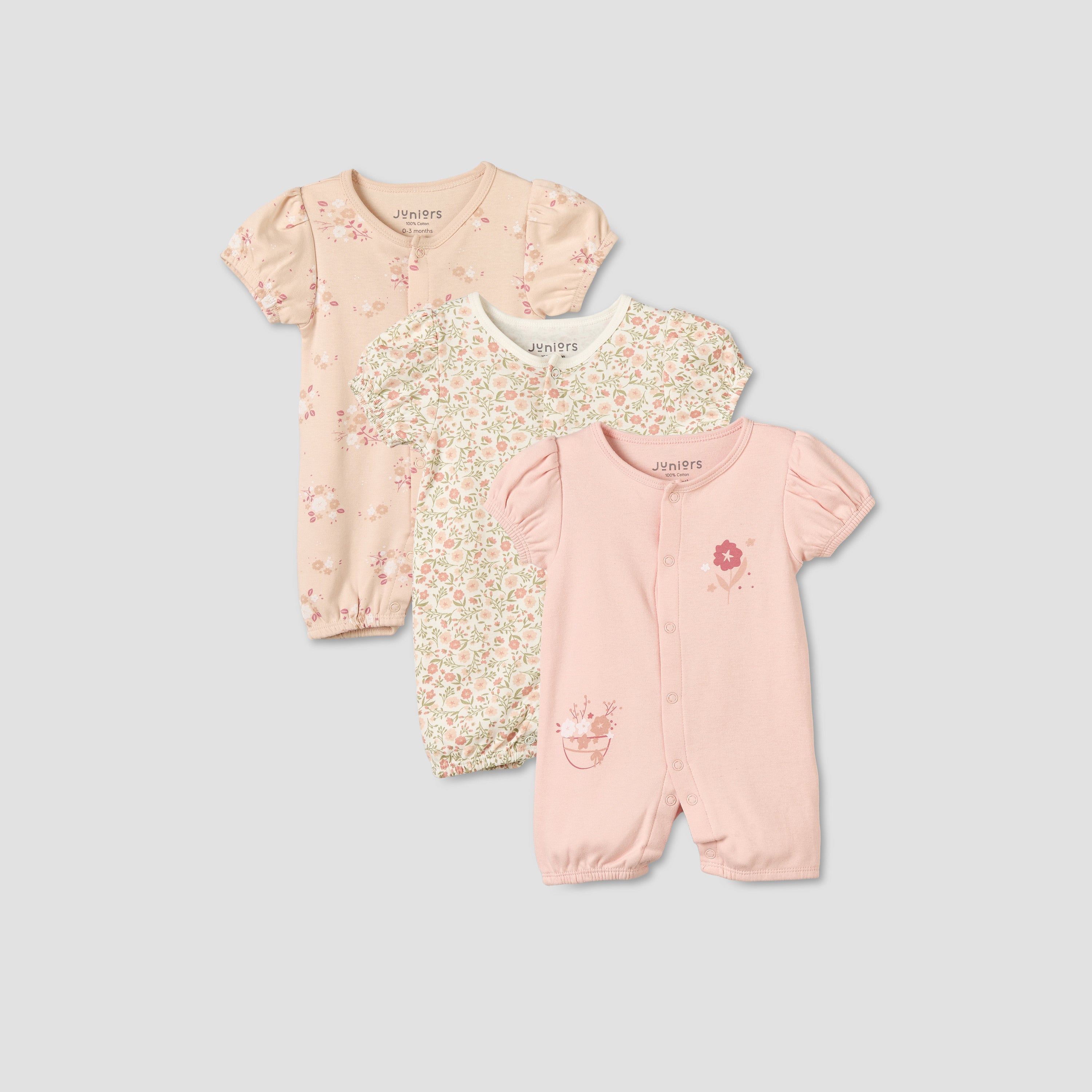 Pack of 3 Juniors Round Neck Short Sleeves Romper with Floral Print - Pink / 12-18 mths