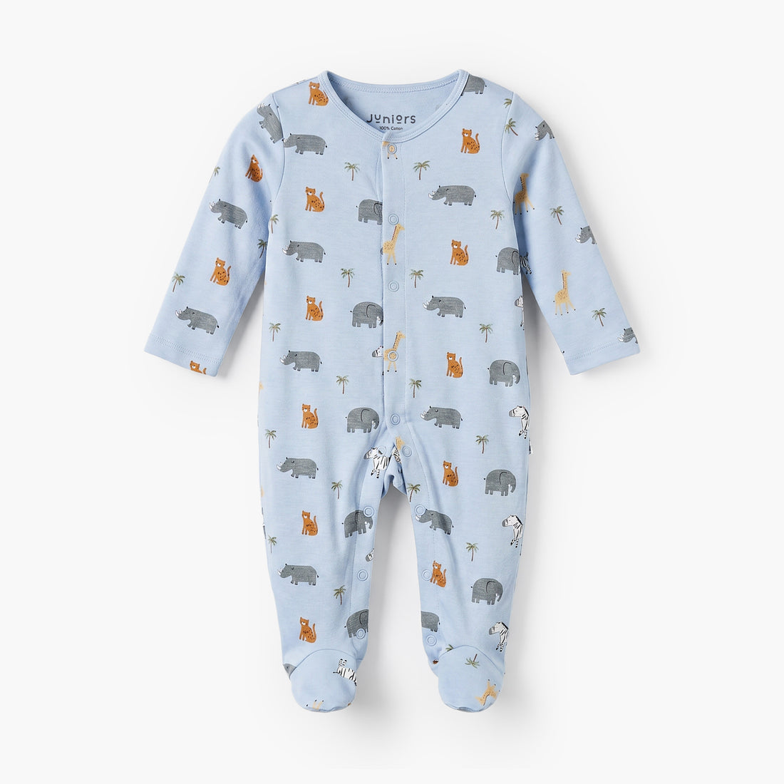 Juniors Cotton Crew Neck Long Sleeves Sleepsuit with Safari Print - Blue / 9-12 mths