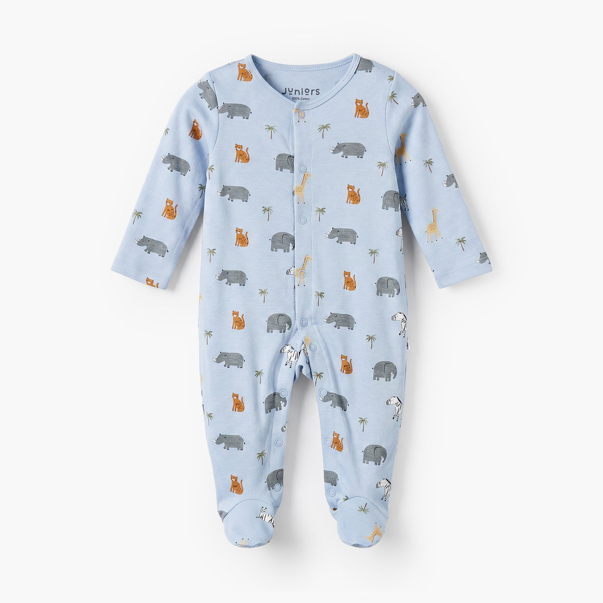 Juniors Cotton Crew Neck Long Sleeves Sleepsuit with Safari Print - Blue / 9-12 mths