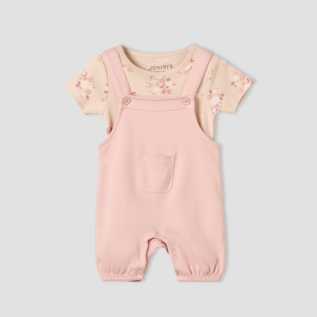 Juniors Round Neck Short Sleeves T-shirt and Dungaree Set with Floral Print - Pink / 12-18 mths