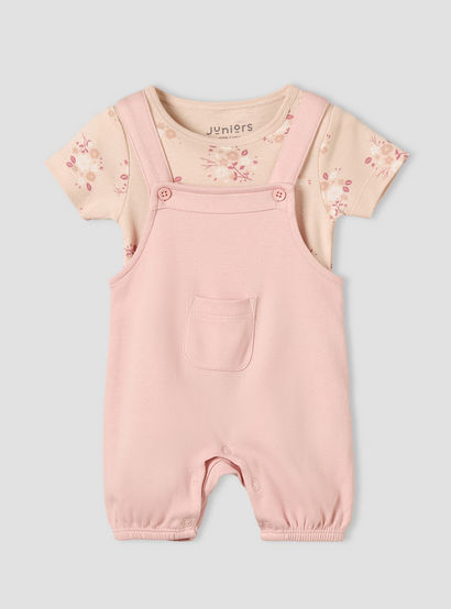 Juniors Round Neck Short Sleeves T-shirt and Dungaree Set with Floral Print-baby-girls-clothing-setsandcoords-image-1