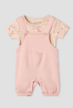 Juniors Round Neck Short Sleeves T-shirt and Dungaree Set with Floral Print