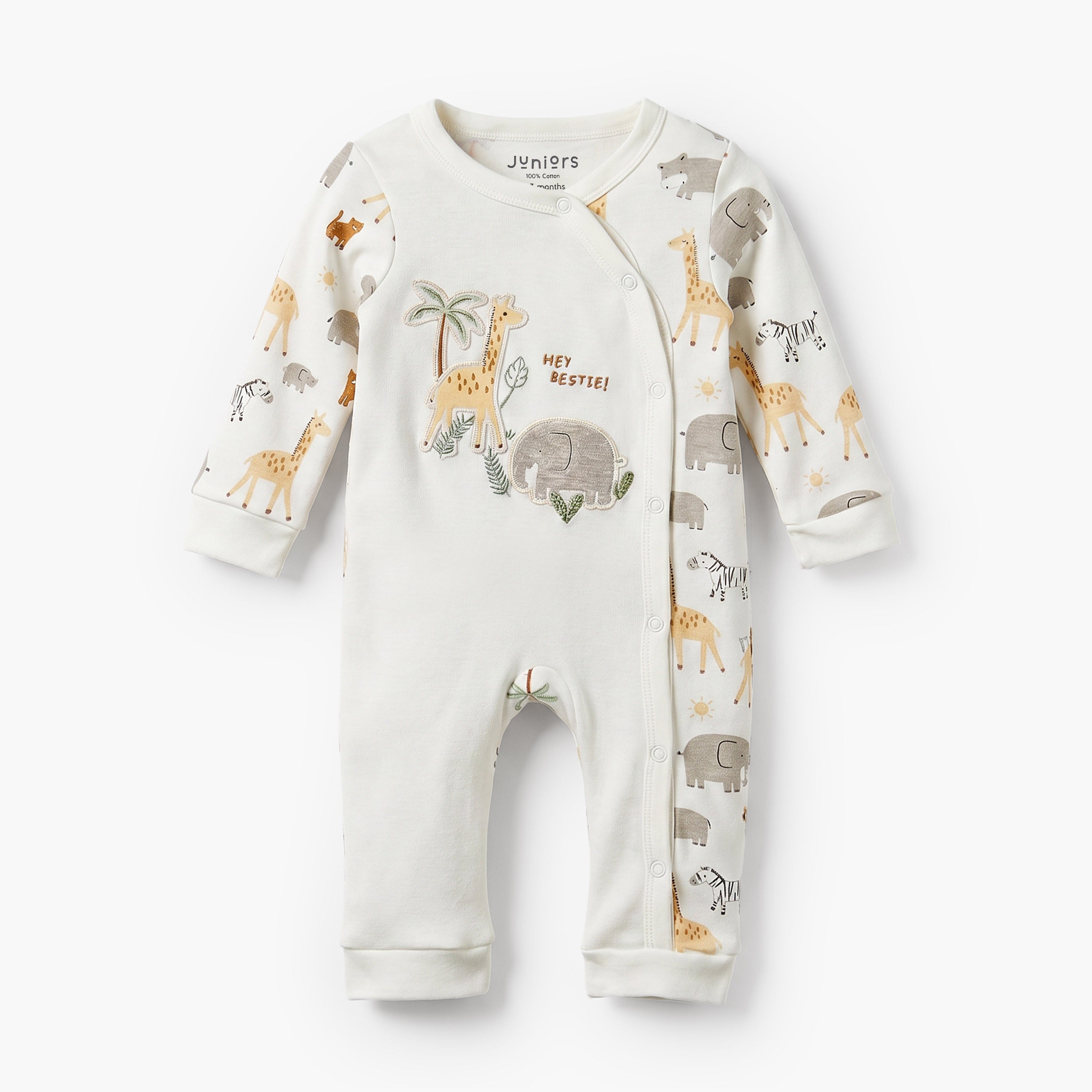 Juniors Cotton Crew Neck Long Sleeves Sleepsuit with Safari Print - Cream / 12-18 mths