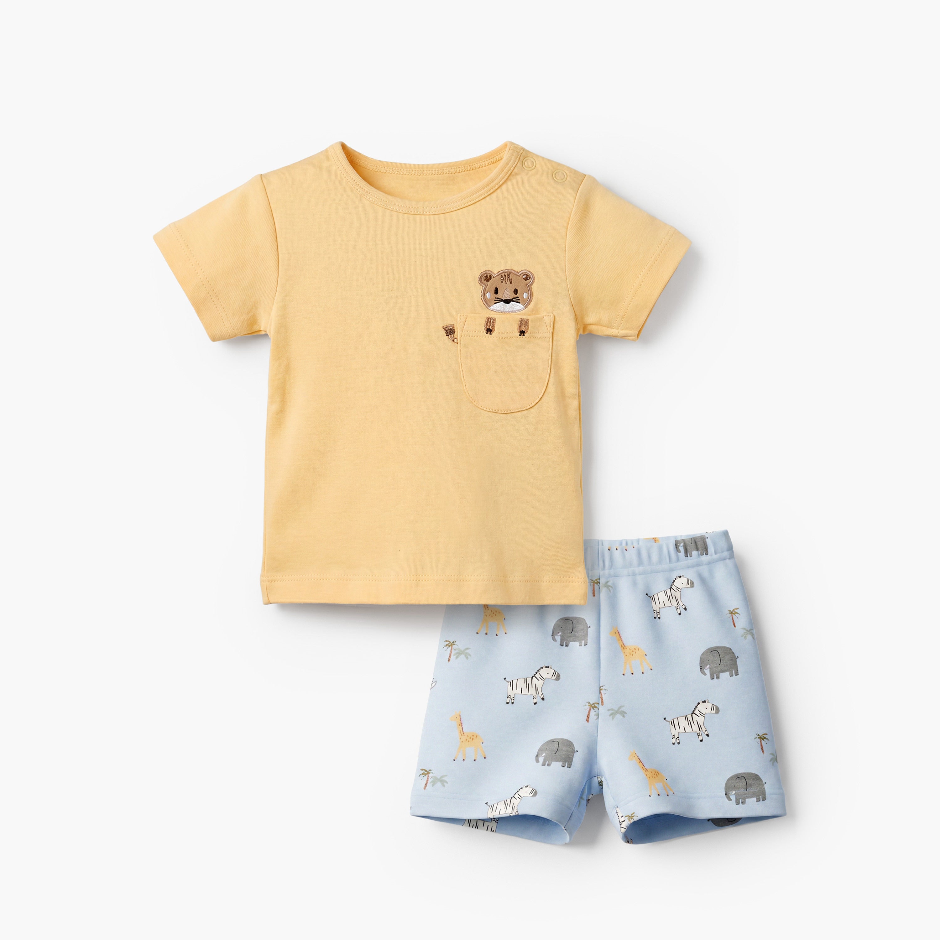 Juniors Crew Neck Short Sleeves T-shirt and Shorts Set with Safari Print - Yellow / 12-18 mths