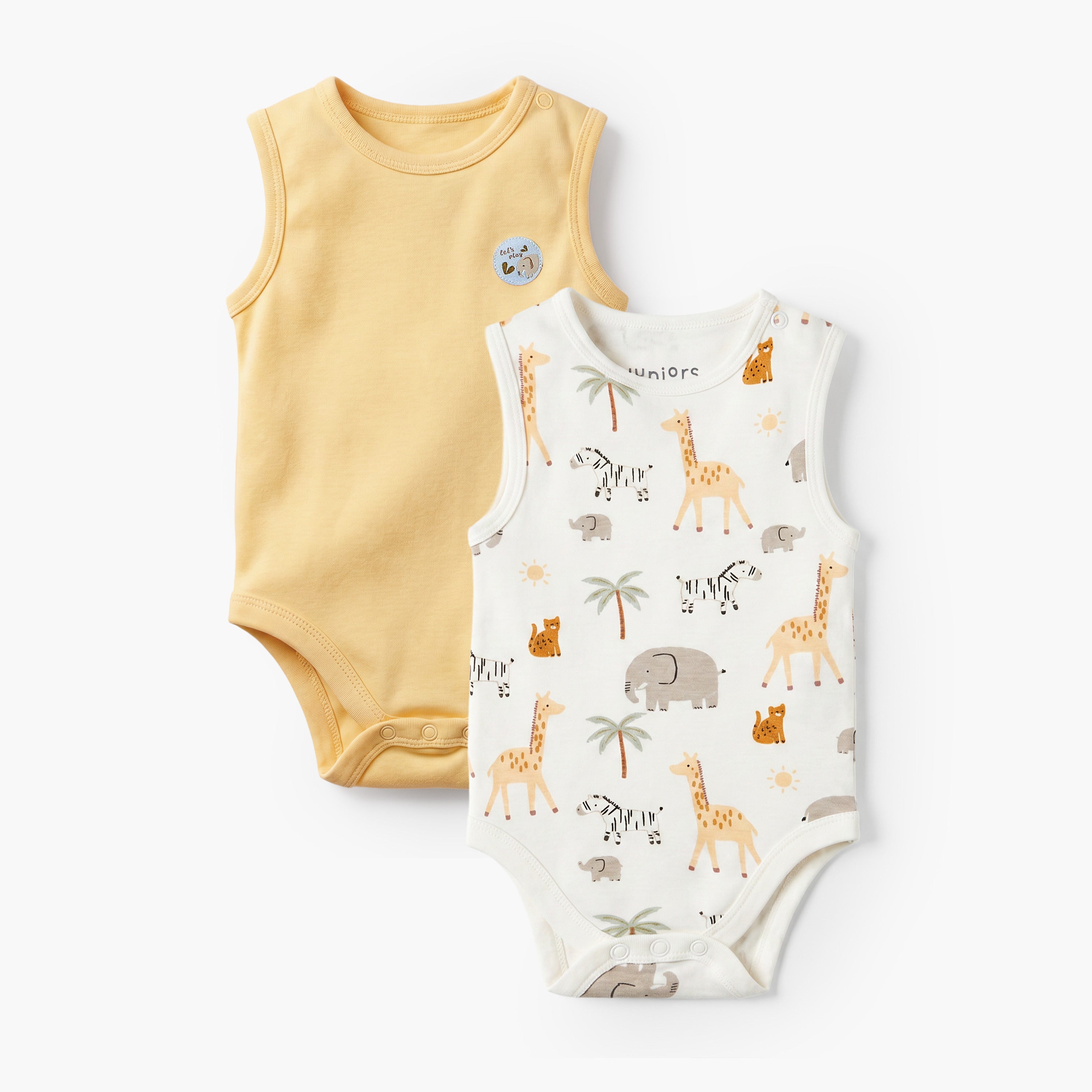 Pack of 2 Juniors Crew Neck Sleeveless Bodysuit with Safari Print - Yellow / 12-18 mths