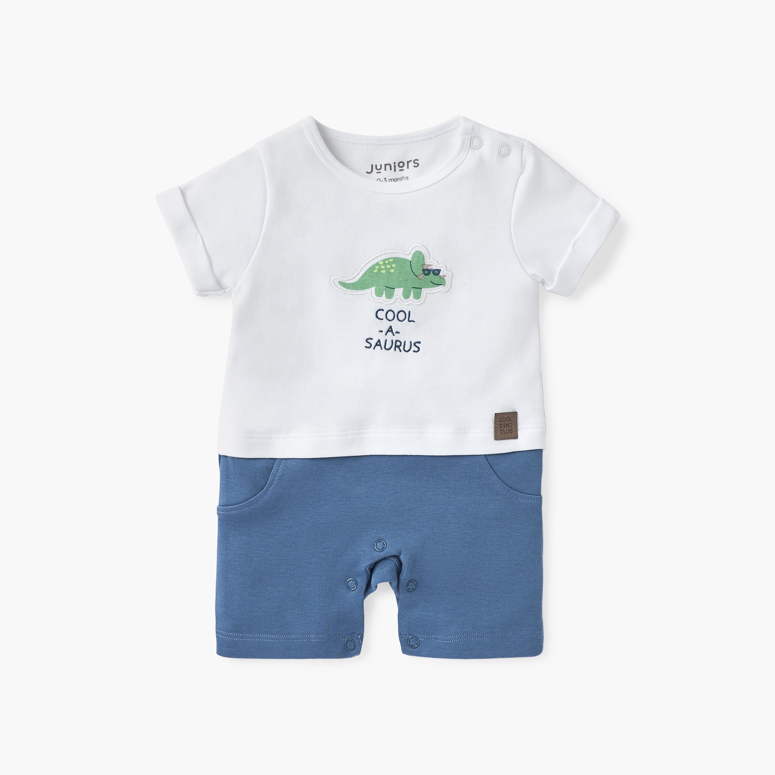 Juniors Dinosaur Applique Romper with Round Neck and Short Sleeves - Multicolour / 12-18 mths