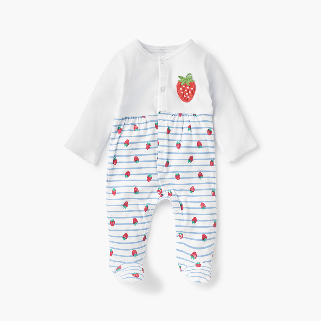 Juniors All-Over Strawberry Print Closed Feet Sleepsuit with Round Neck and Long Sleeves - White / 9-12 mths