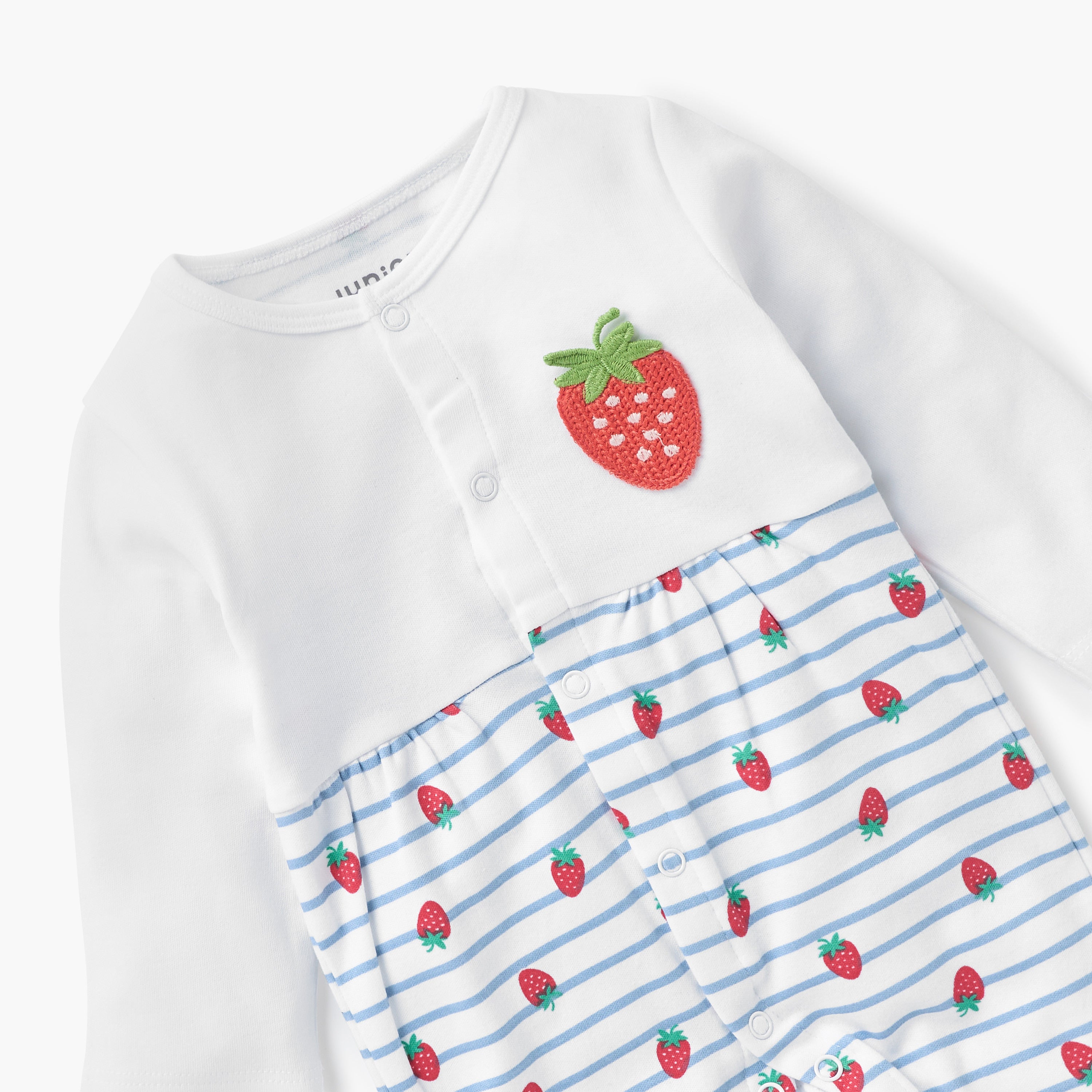 Juniors All-Over Strawberry Print Closed Feet Sleepsuit with Round Neck and Long Sleeves