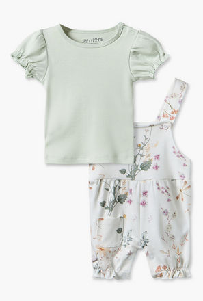Juniors Round Neck Short Sleeves Top and Dungaree Set with Floral Print