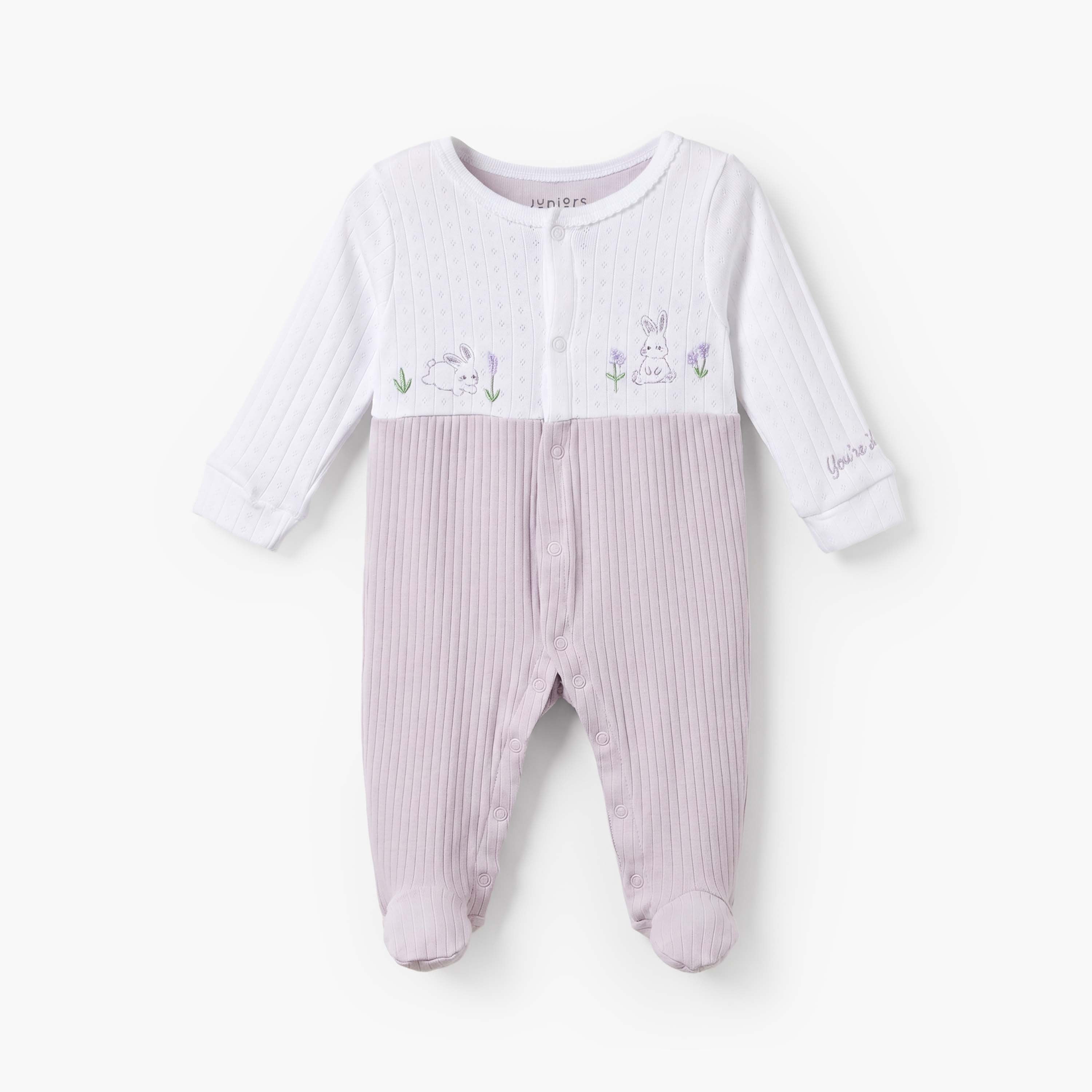 Juniors Cotton Round Neck Long Sleeves Sleepsuit with Bunny Print - Purple / 9-12 mths