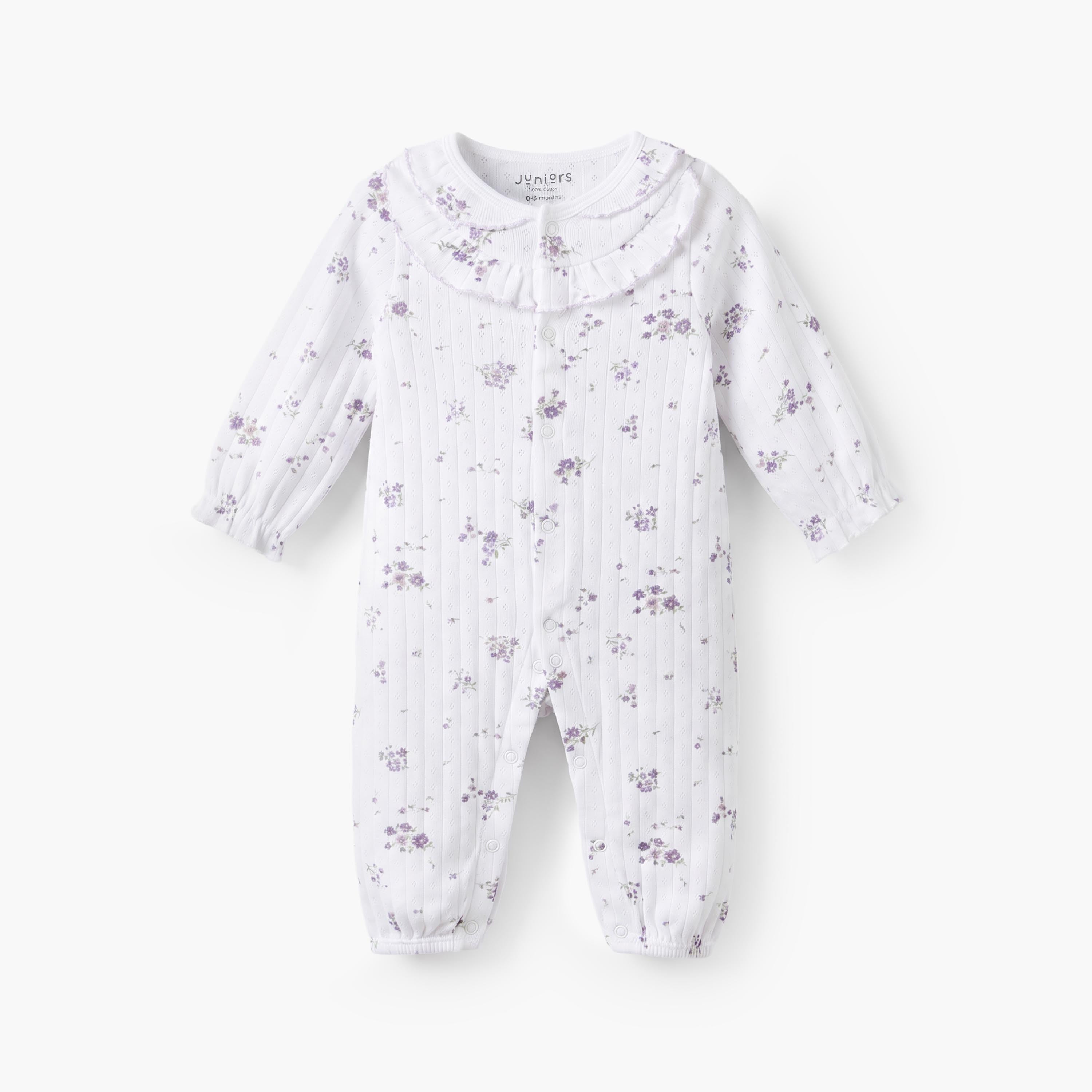 Juniors Cotton Crew Neck Long Sleeves Sleepsuit with Floral Print - White / 12-18 mths