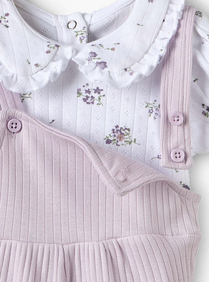 Juniors Collared Short Sleeves T-shirt and Dungaree Set with Floral Print-baby-girls-clothing-setsandcoords-image-6