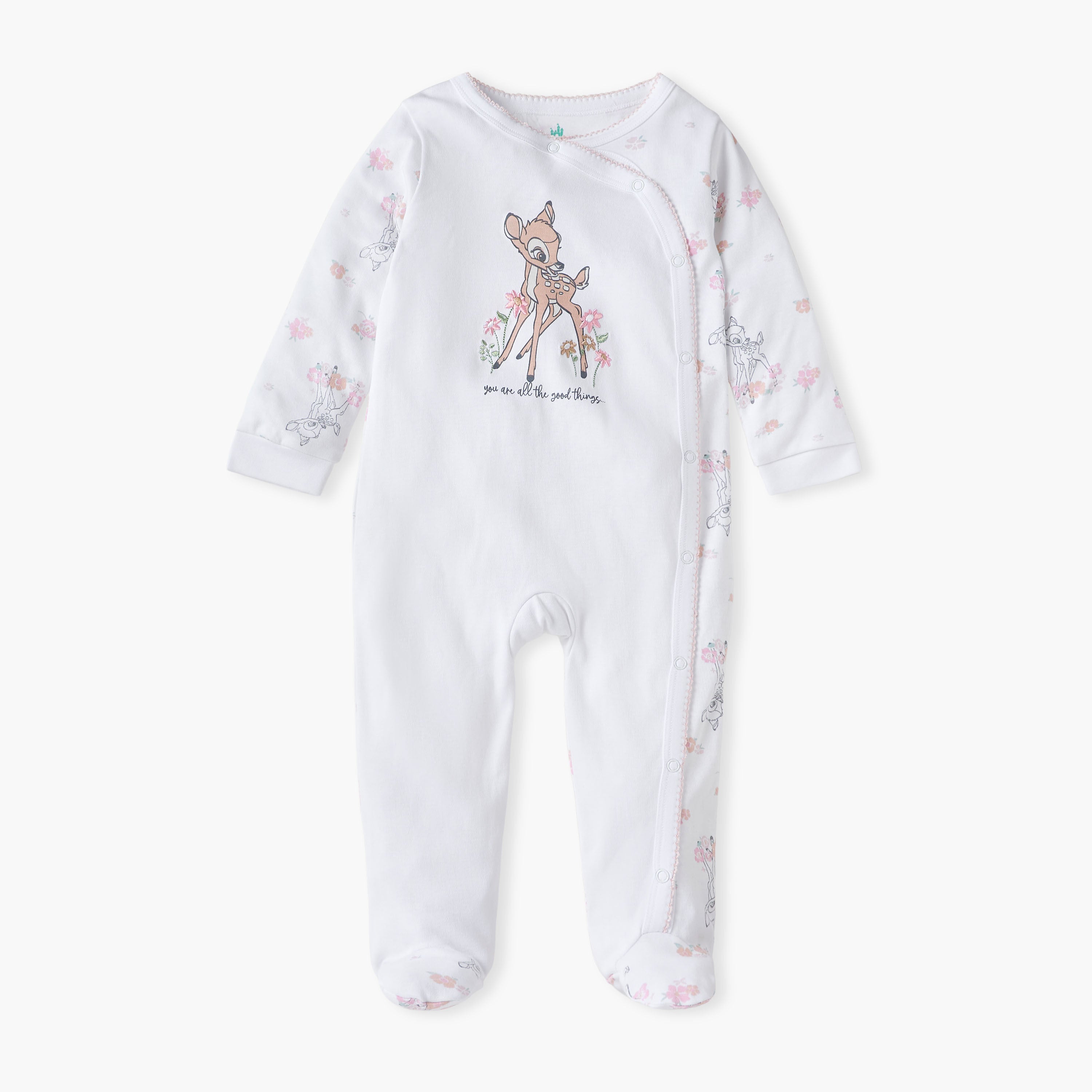 Disney All-Over Bambi Print Closed Feet Sleepsuit with Long Sleeves - White / 9-12 mths