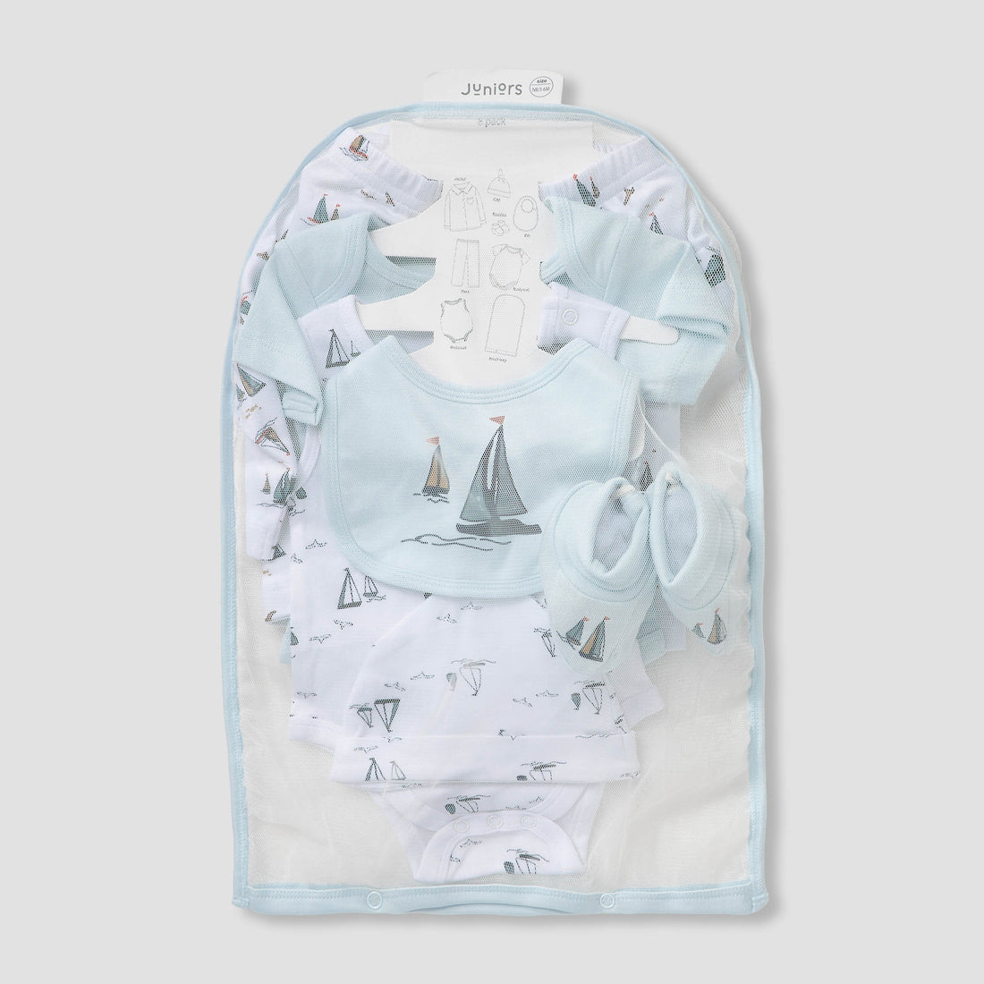 Set of 8 Juniors Clothing Gift Set with Sailboat Print - Blue / 3-6 mths