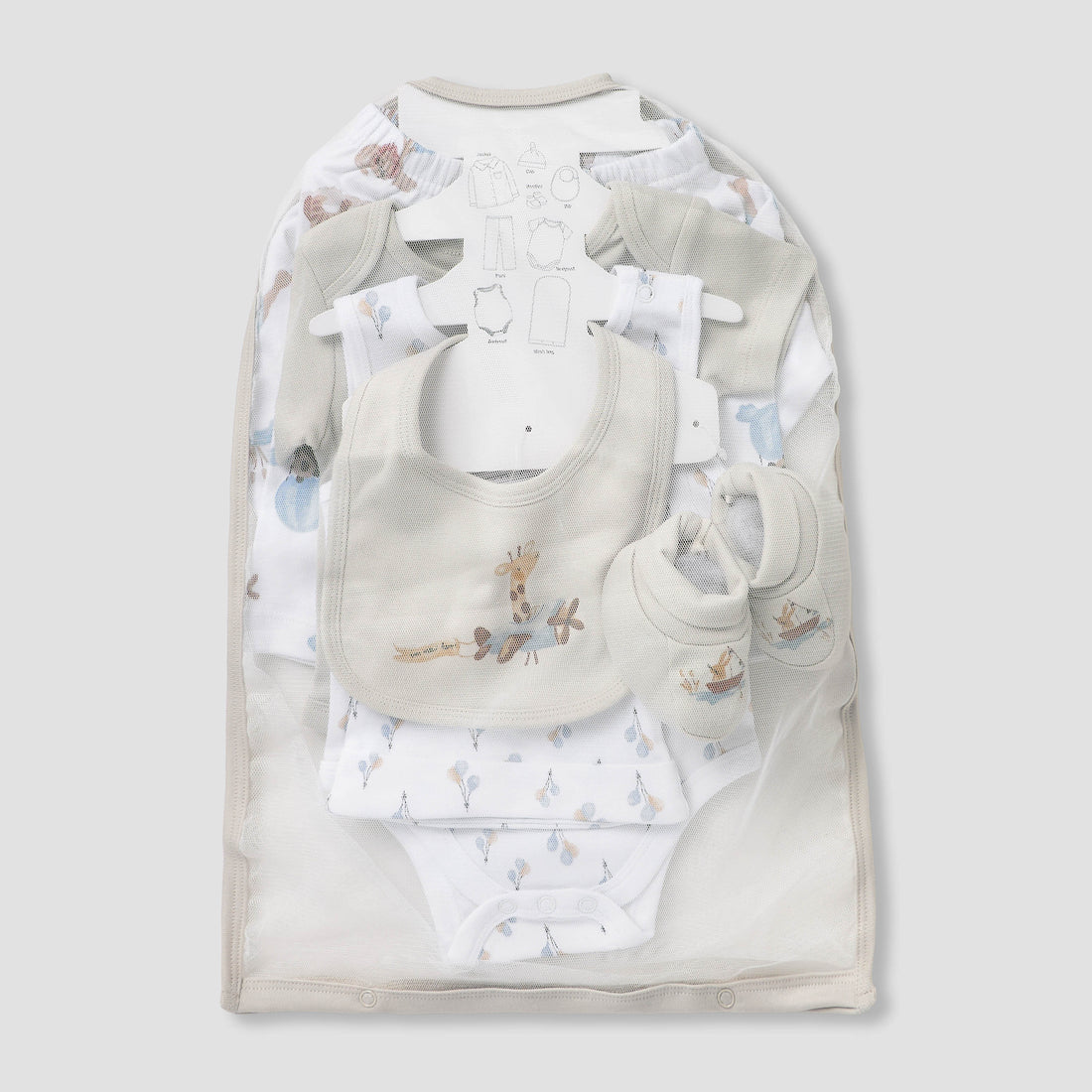 Set of 8 Juniors Clothing Gift Set with Print - Grey / 0-3 mths