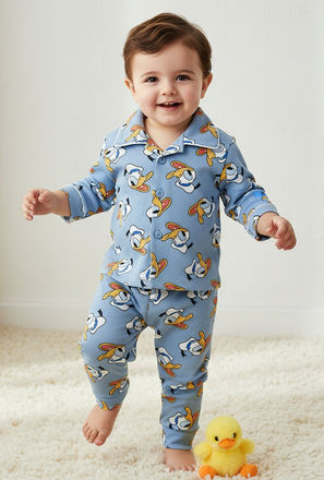Disney Cotton Collared Long Sleeves Pyjama Set with Donald Duck Print