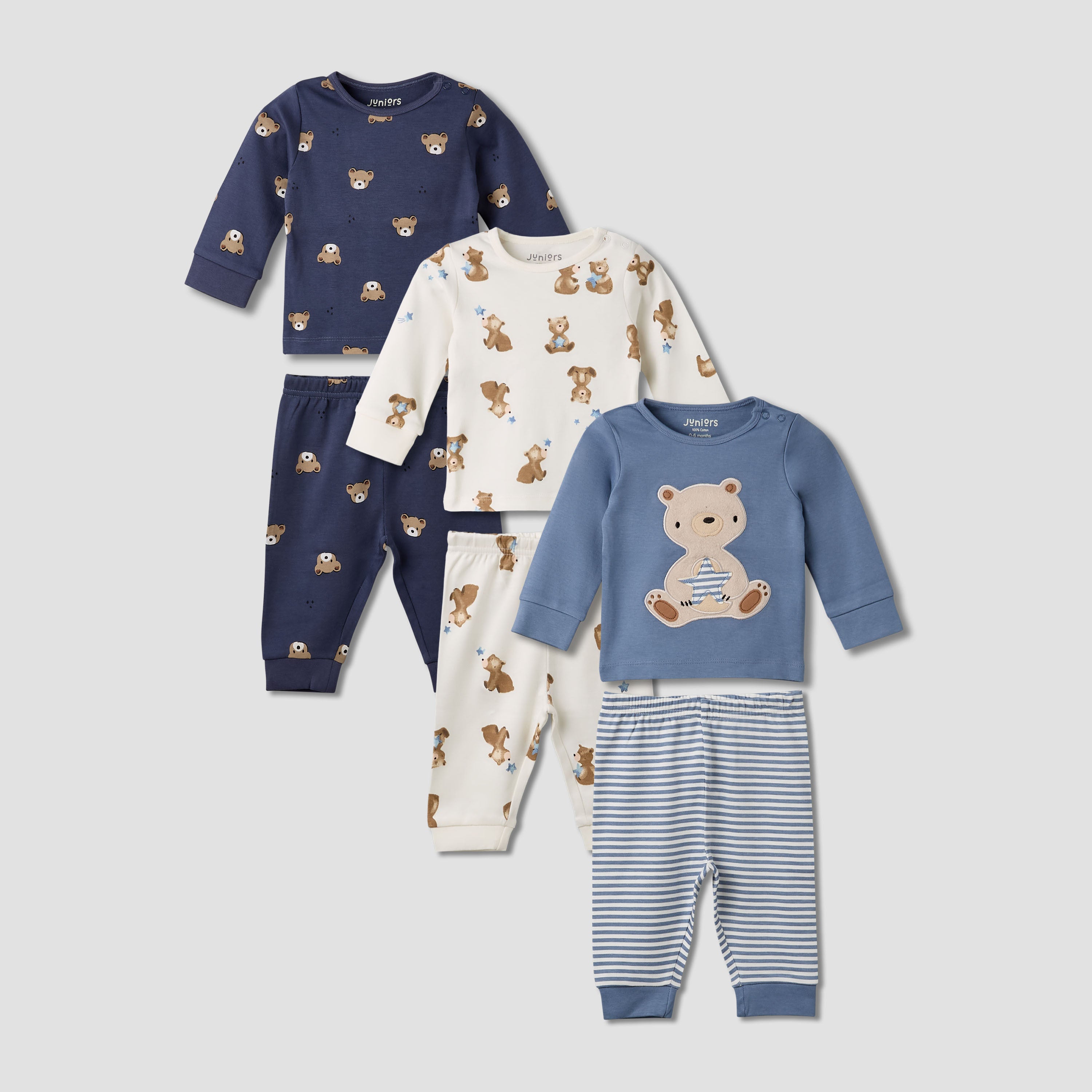 Pack of 3 Juniors Cotton Round Neck Long Sleeves Pyjama Set with Teddy Print - Multicolour / 12-18 mths