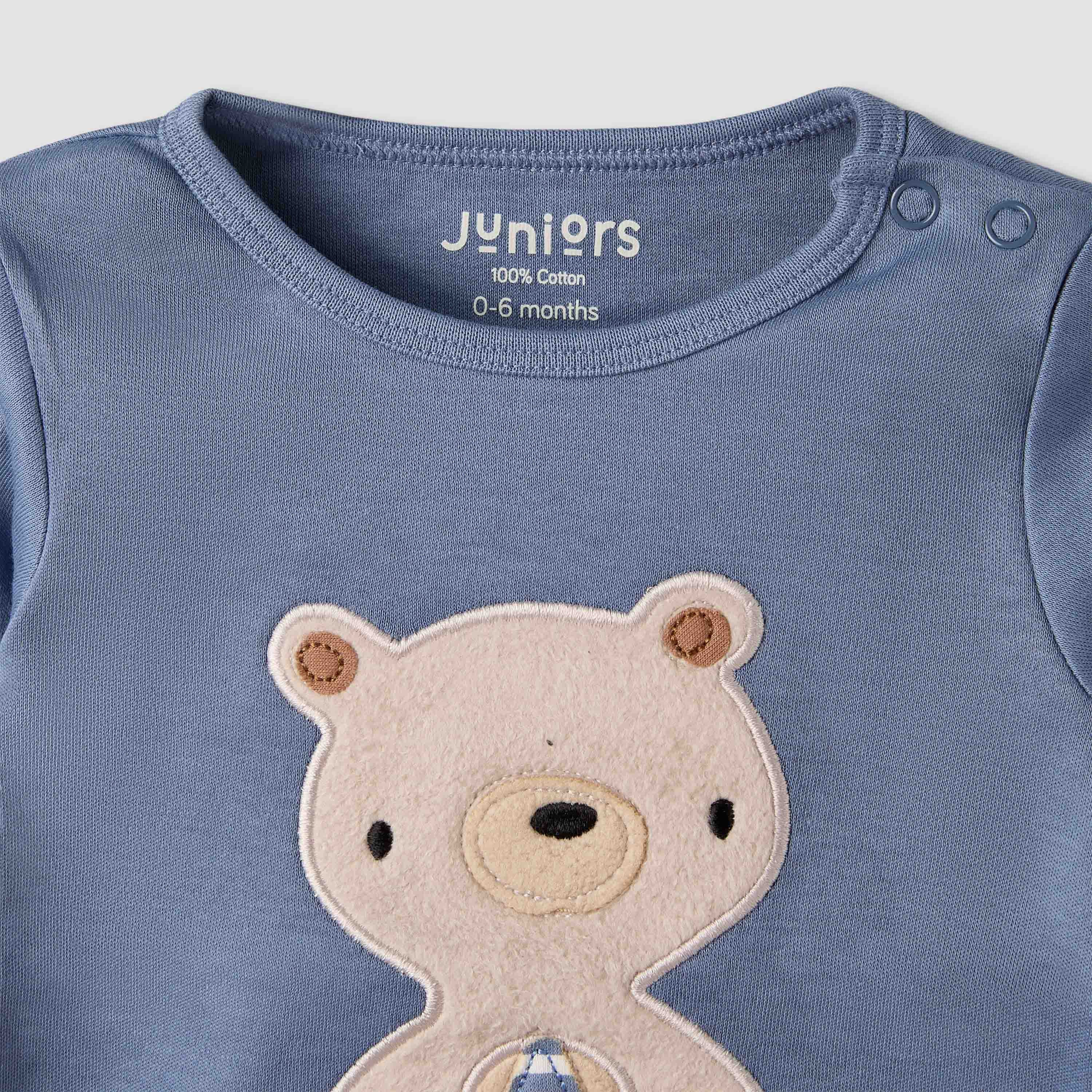 Pack of 3 Juniors Cotton Round Neck Long Sleeves Pyjama Set with Teddy Print