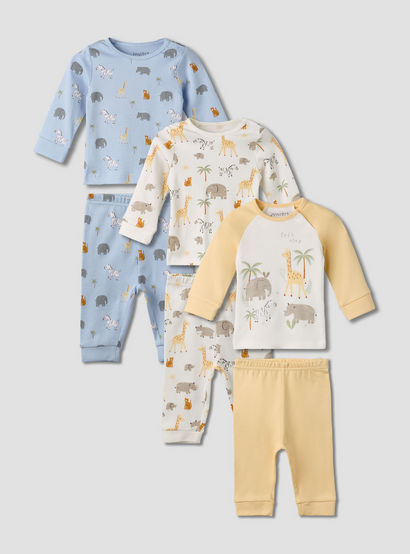 Pack of 3 Juniors Cotton Round Neck Long Sleeves Pyjama Set with Safari Print-baby-boys-clothing-nightwear-pyjamasets-image-1