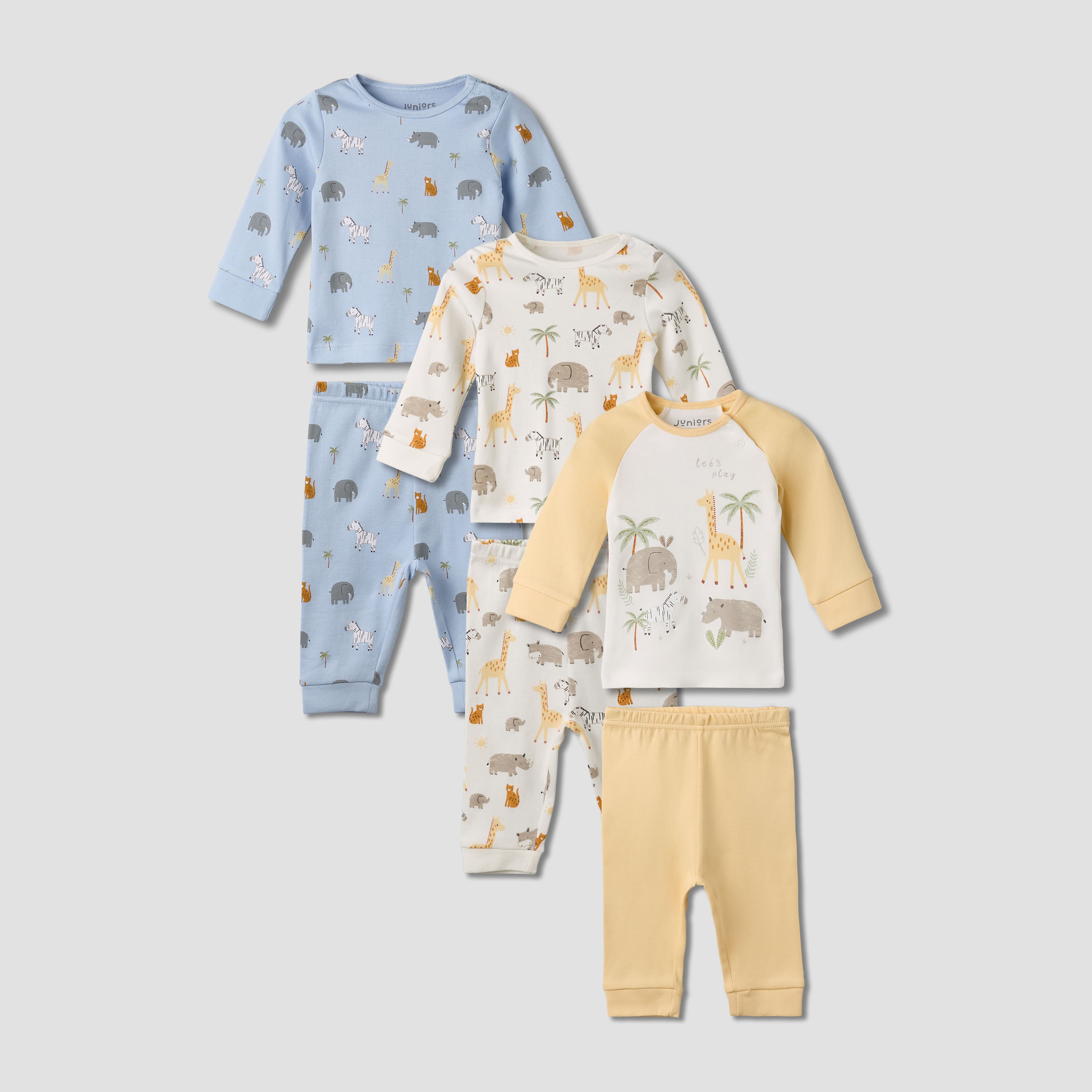 Pack of 3 Juniors Cotton Round Neck Long Sleeves Pyjama Set with Safari Print - Yellow / 12-18 mths