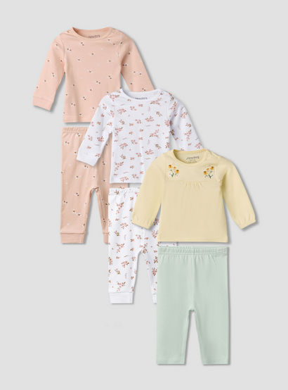 Pack of 3 Juniors Cotton Round Neck Long Sleeves Pyjama Set with Floral Print-baby-girls-clothing-nightwear-pyjamasets-image-1