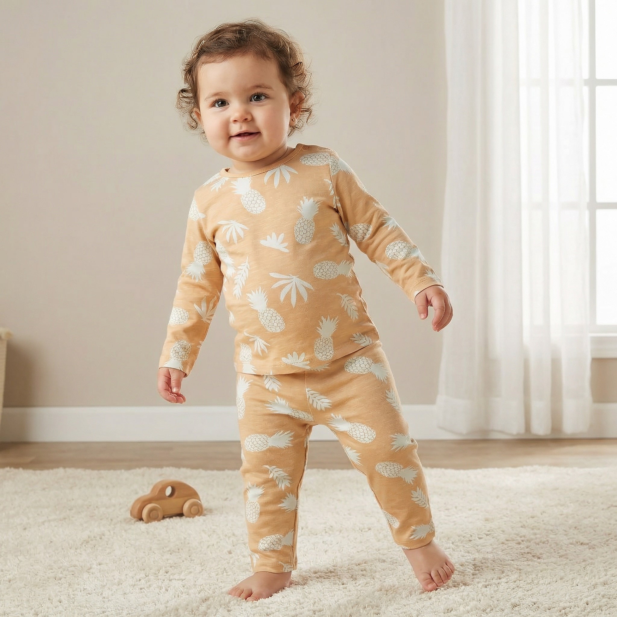 Juniors All-Over Pineapple Print T-shirt and Pyjama Set - Orange / 18-24 mths