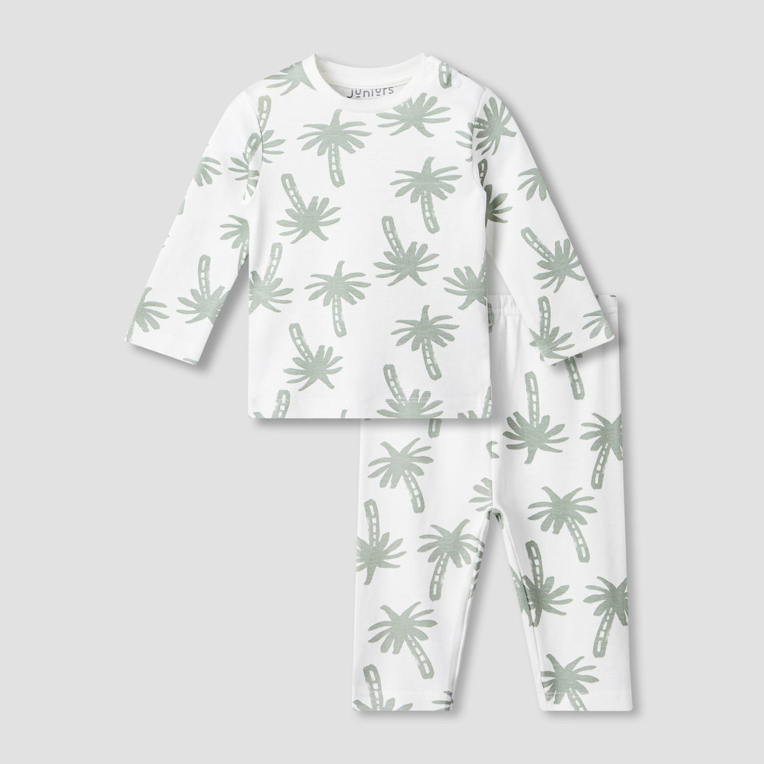 Juniors Cotton Round Neck Long Sleeves Pyjama Set with Palm Tree Print - Cream / 12-18 mths