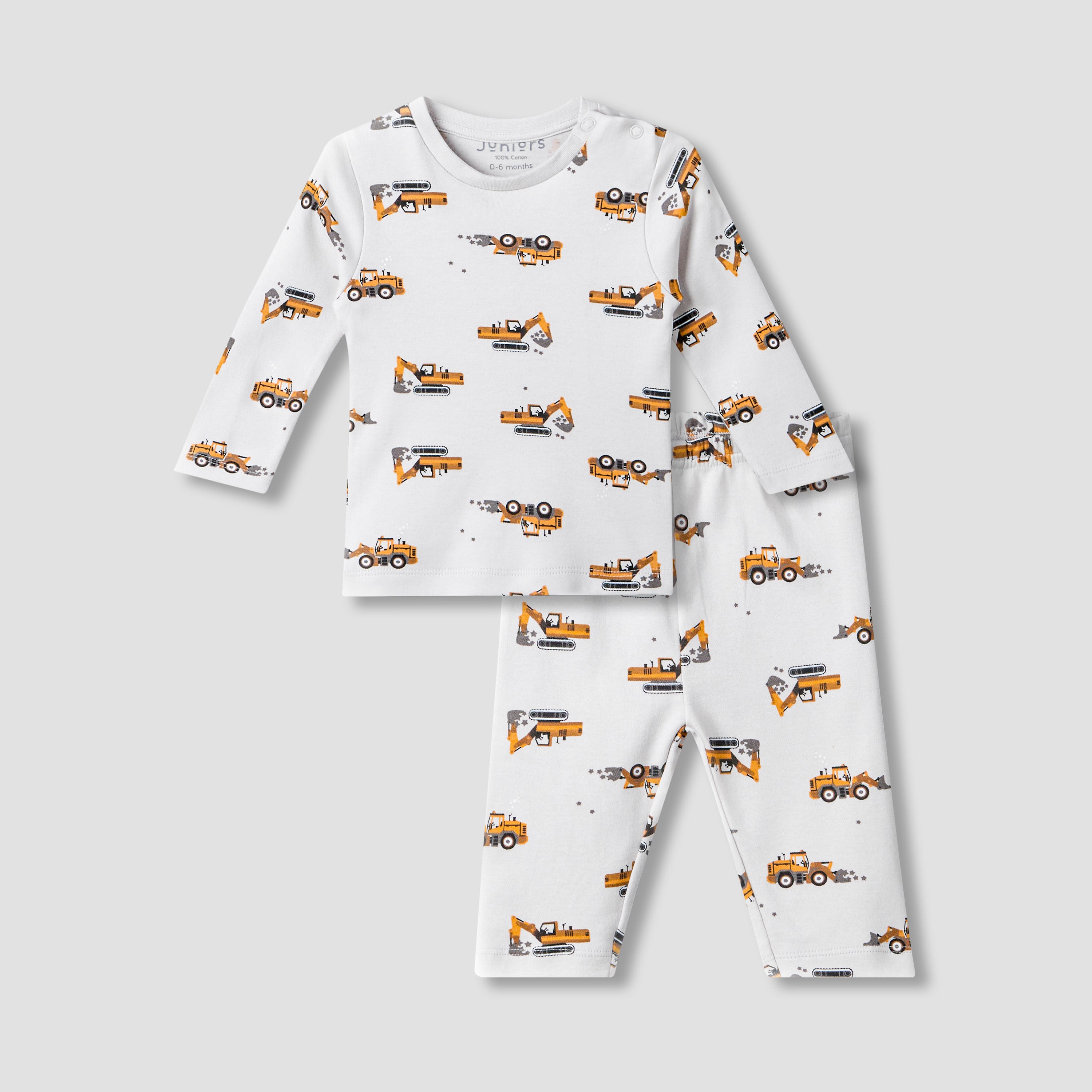 Juniors Cotton Crew Neck Short Sleeves Pyjama Set with Construction Print