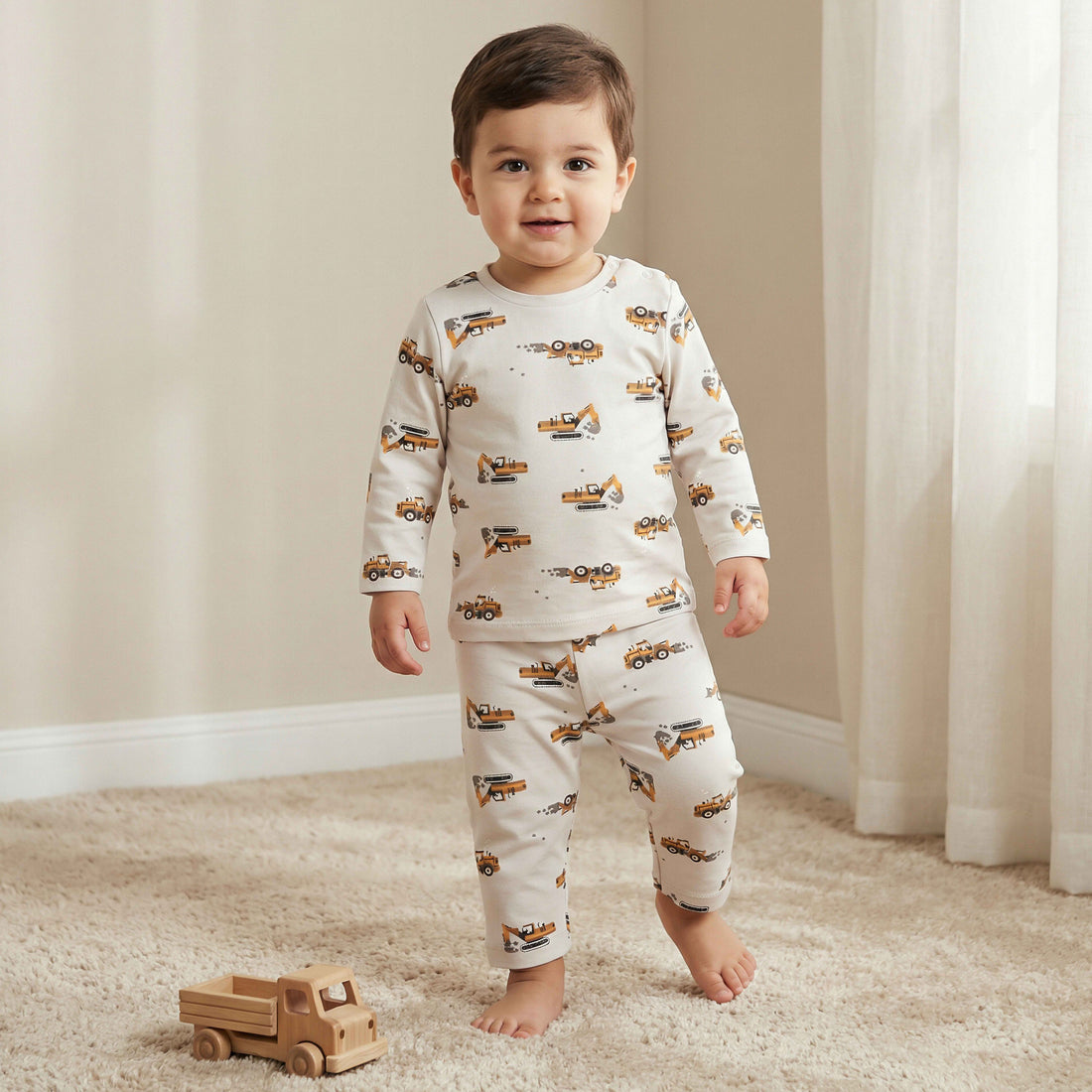 Juniors Cotton Crew Neck Short Sleeves Pyjama Set with Construction Print - White / 12-18 mths