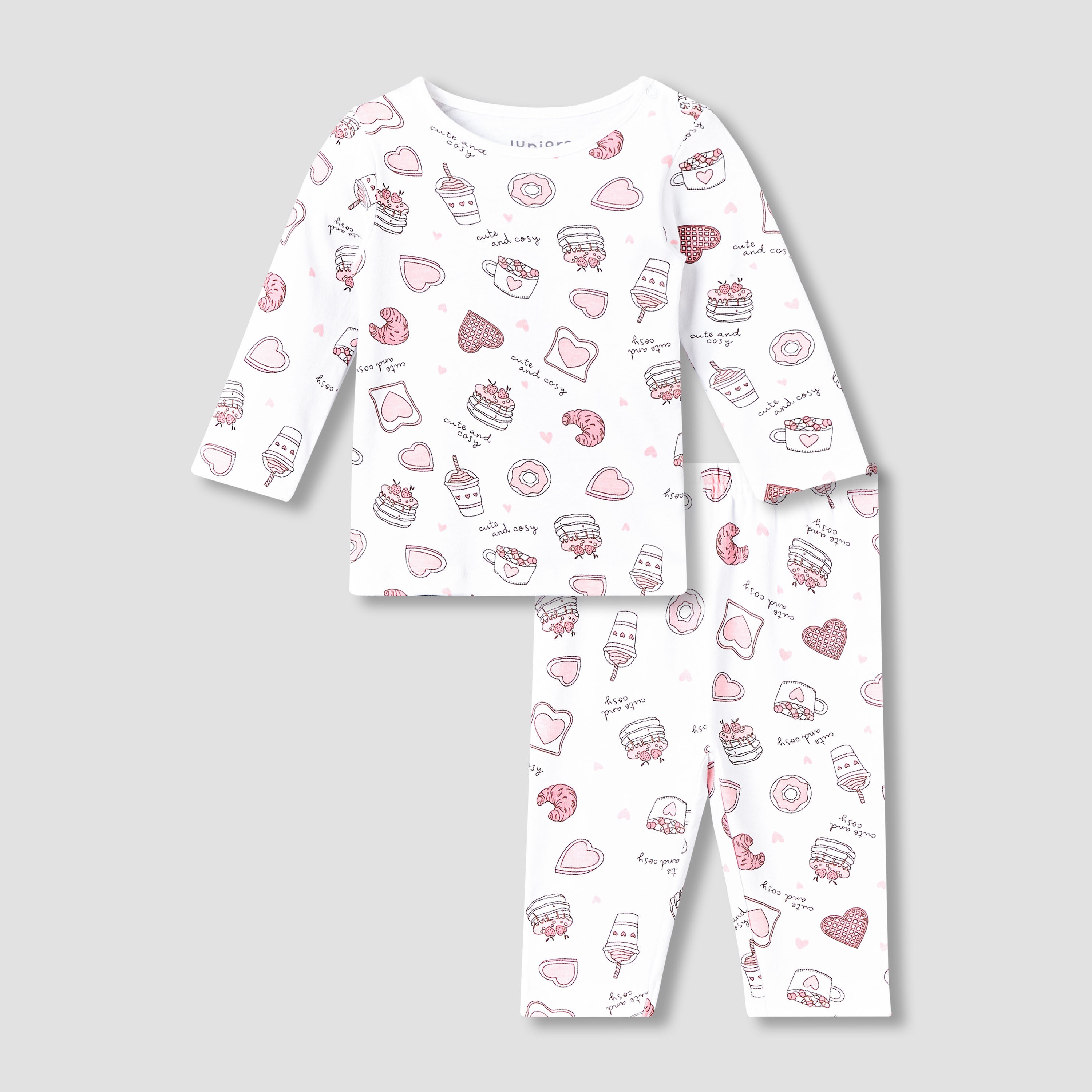 Juniors Cotton Round Neck Long Sleeves Pyjama Set with Food Print