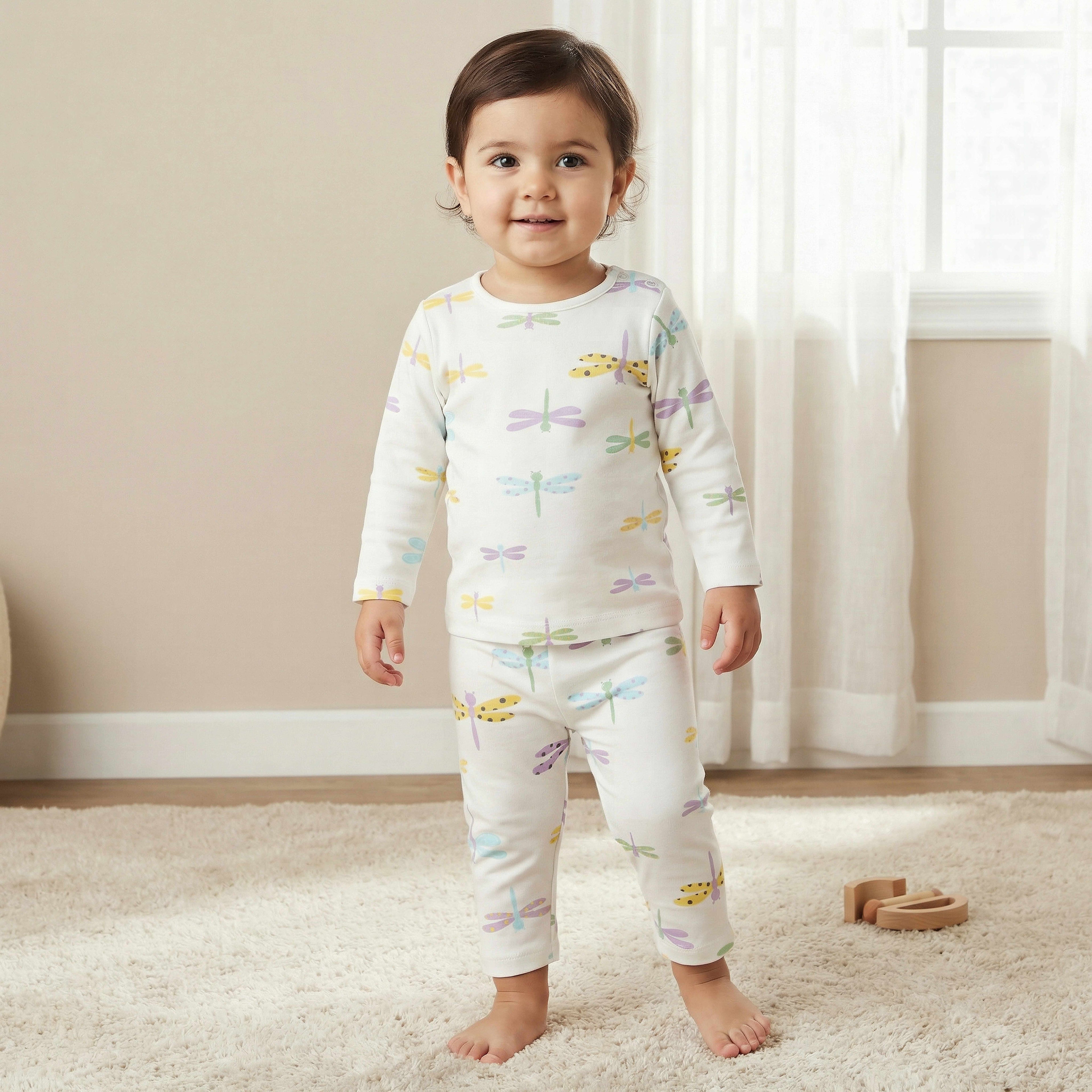 Juniors Cotton Round Neck Long Sleeve Pyjama Set with Dragonfly Print - Green / 12-18 mths