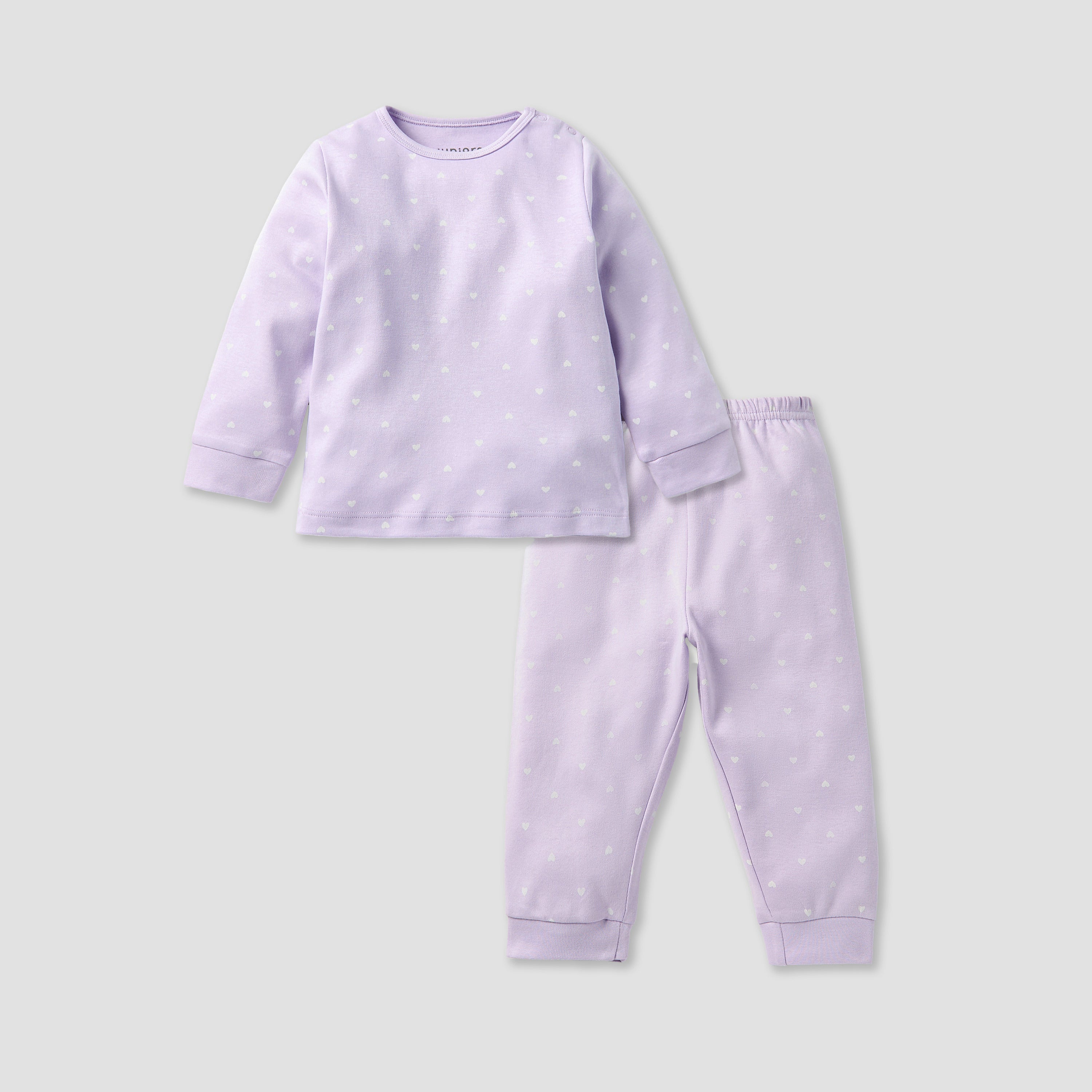 Juniors All-Over Heart Print Long Sleeves T-shirt and Elasticated Pyjama Set - Purple / 12-18 mths